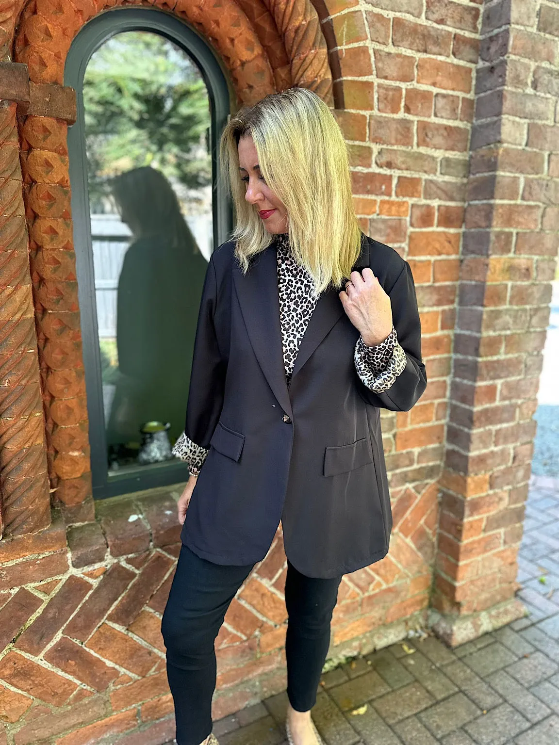 Black Leopard Printed Lined Blazer