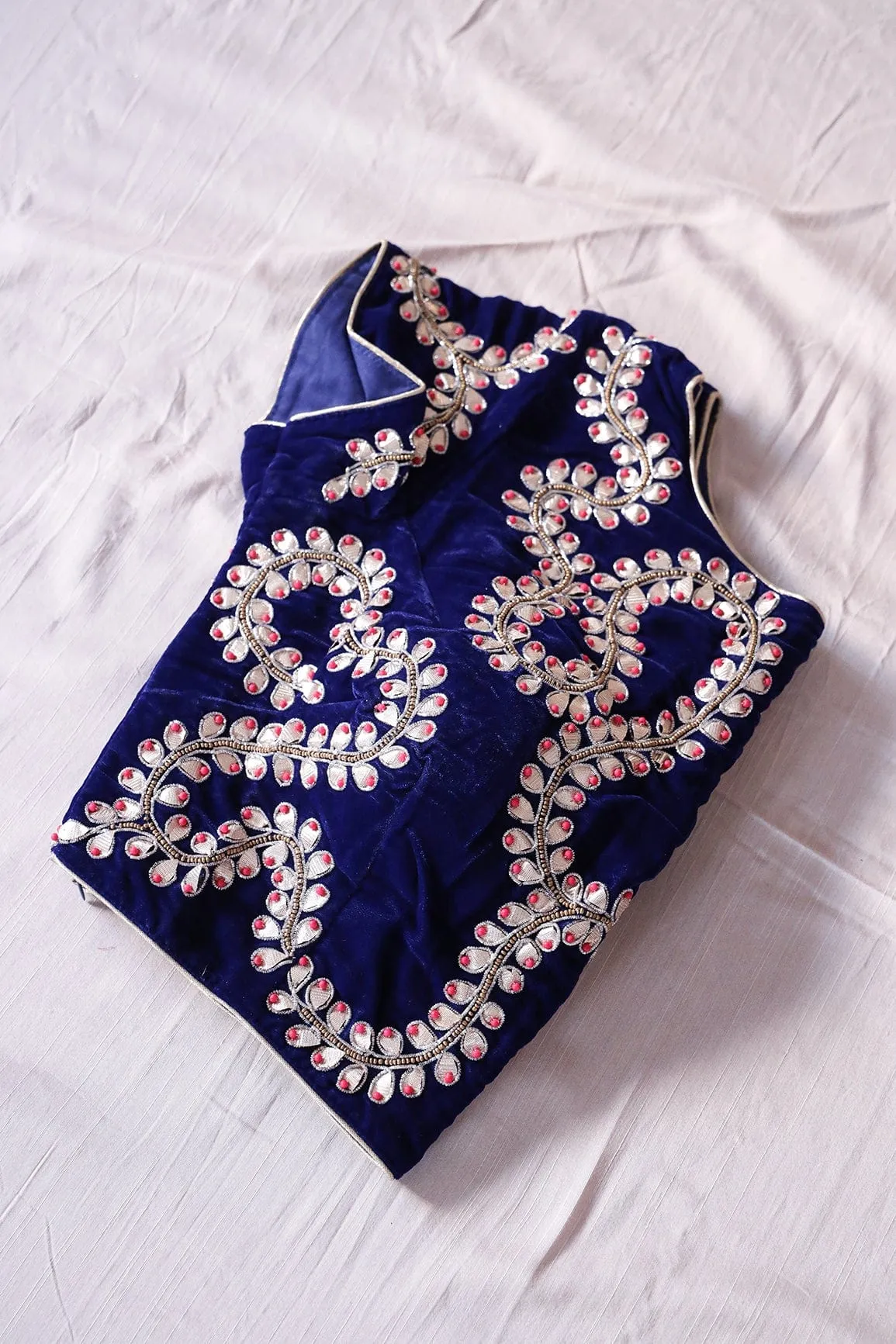 Blue Hand Work Embroidery Velvet Stitched Blouse