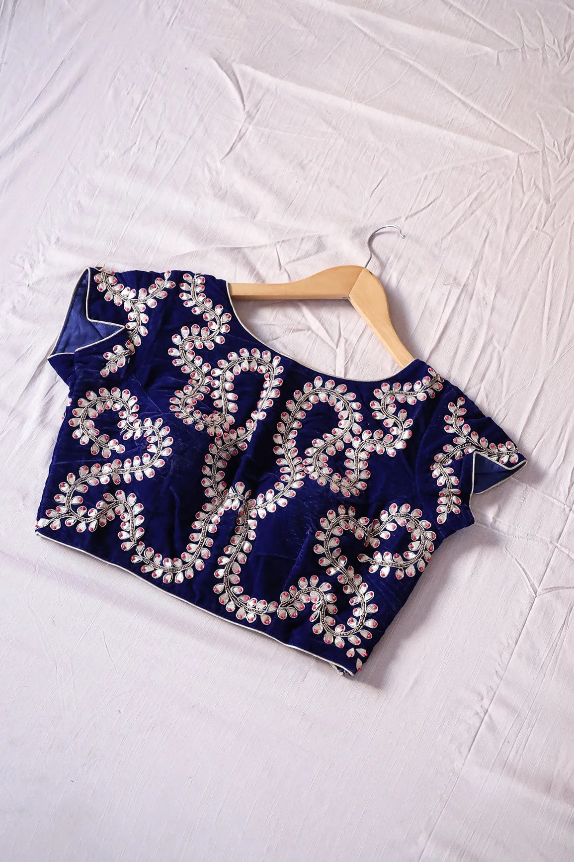 Blue Hand Work Embroidery Velvet Stitched Blouse