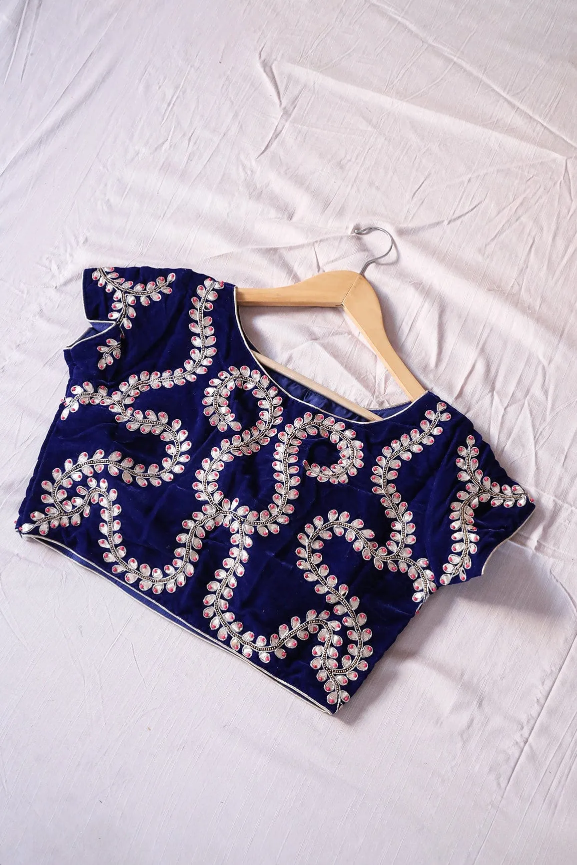 Blue Hand Work Embroidery Velvet Stitched Blouse