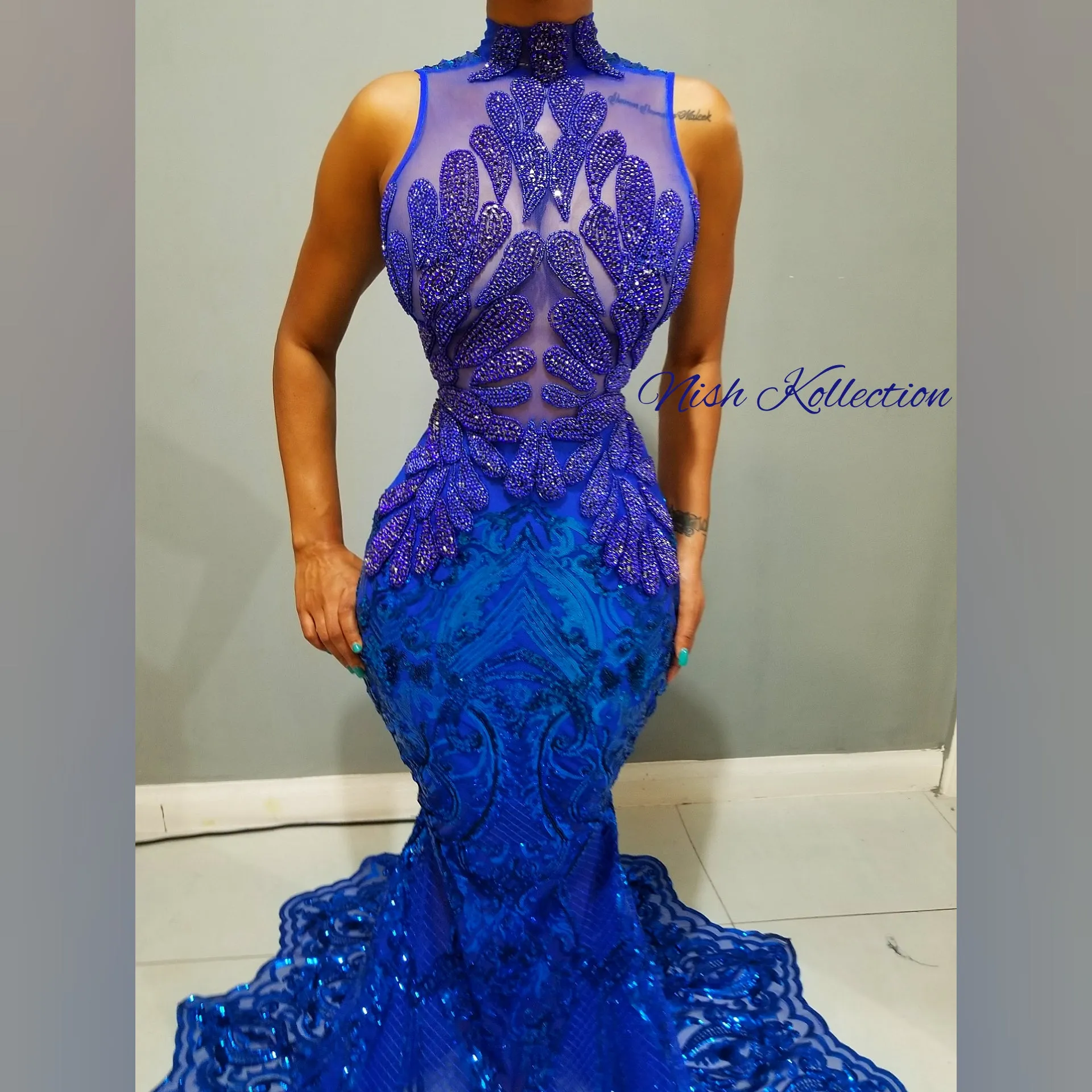 Blue Mia Amani Rhinestone Sequin Mermaid Gown