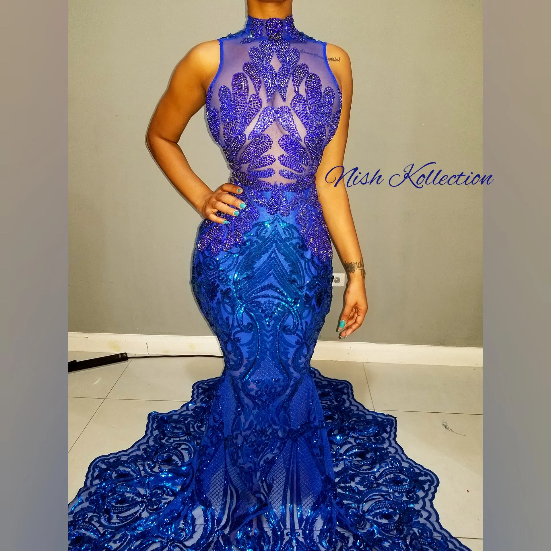 Blue Mia Amani Rhinestone Sequin Mermaid Gown