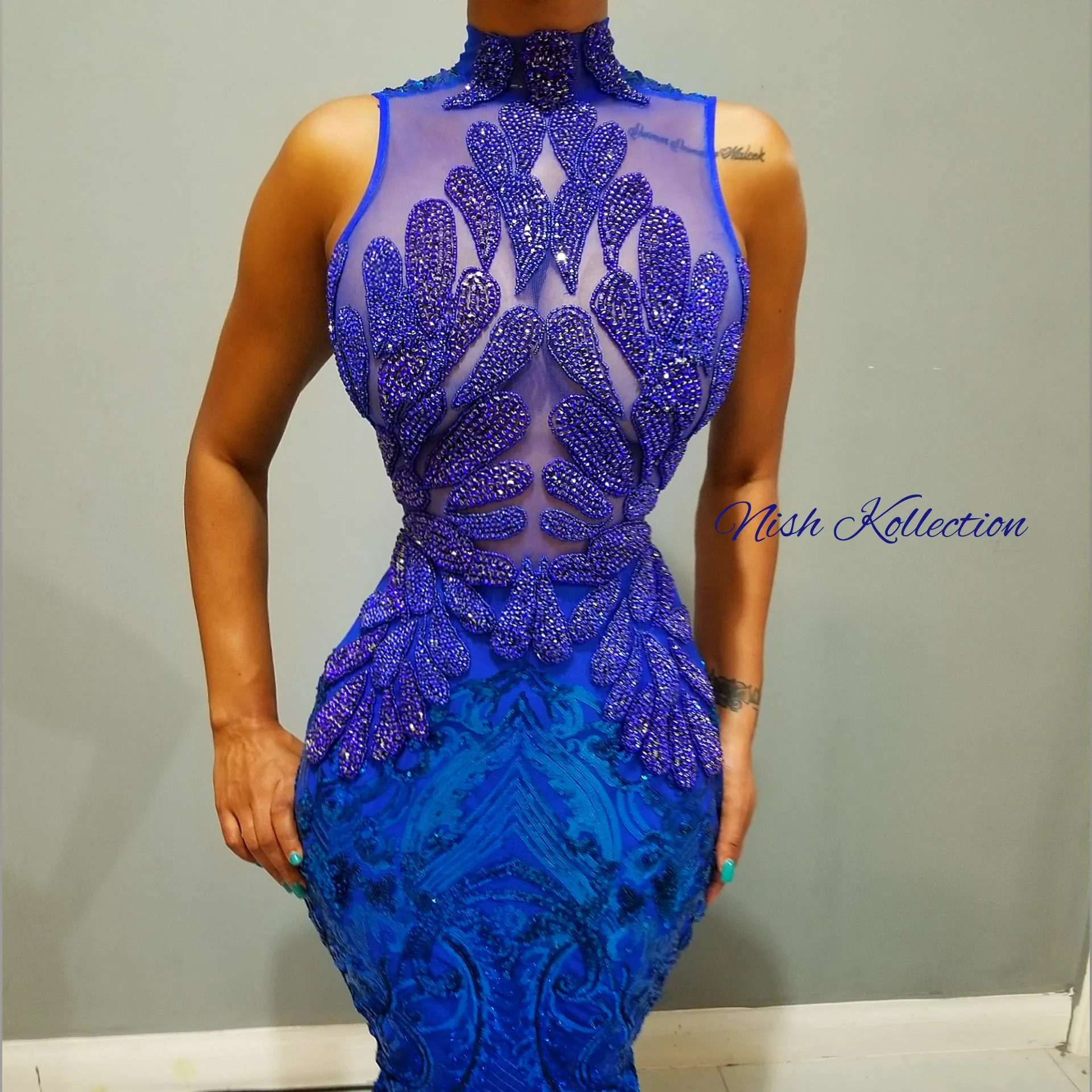 Blue Mia Amani Rhinestone Sequin Mermaid Gown