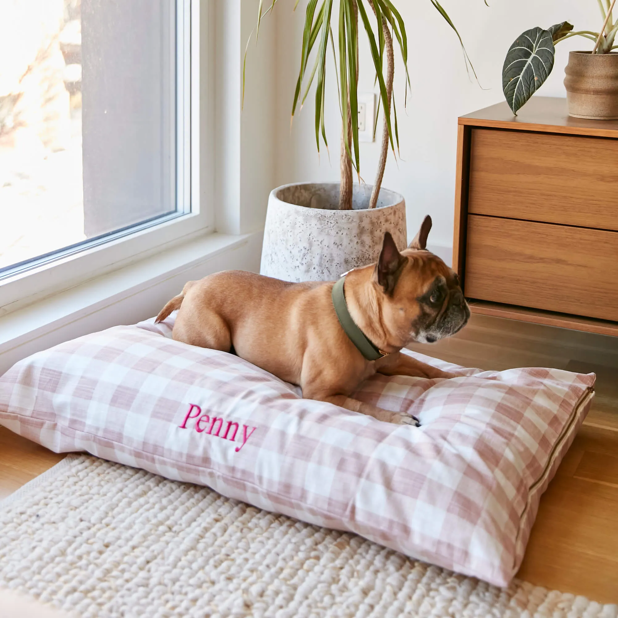 Blush Pink Gingham Check Dog Bed