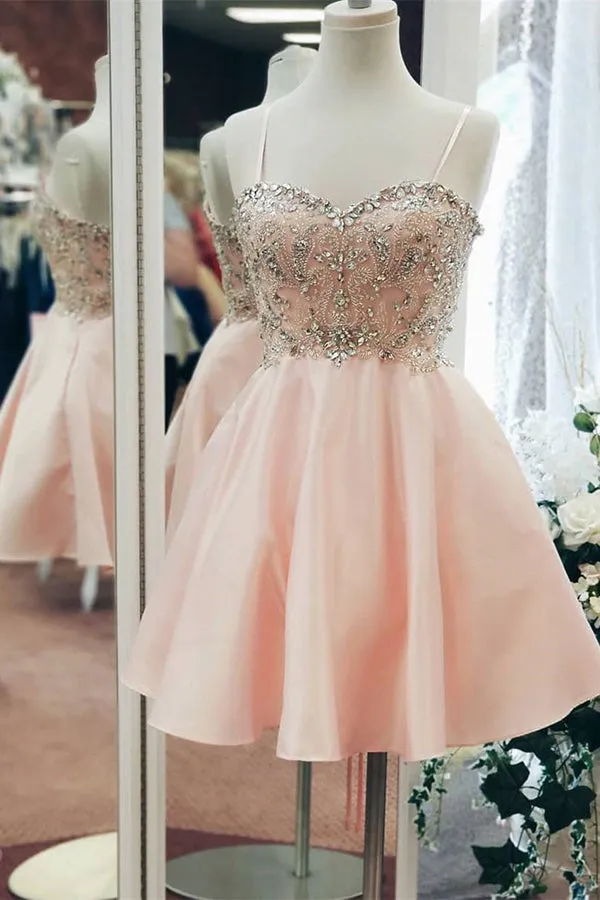 Blush Pink Satin Beaded Sweetheart Spaghetti Straps Homecoming Dress, SH533