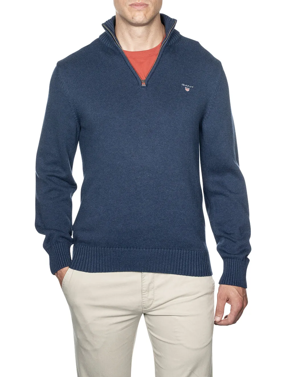 Casual Cotton Half-Zip Sweater Marine Melange