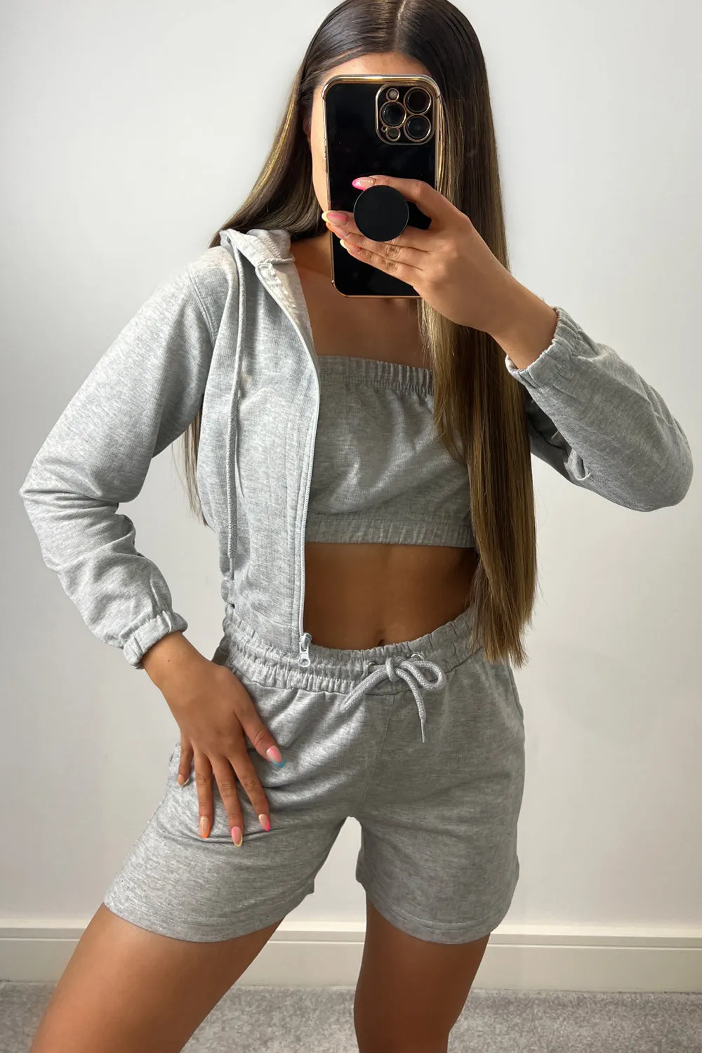 Chantel Grey 3 Piece Hoodie & Short Loungewear Set