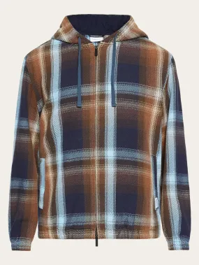 Checked hoodie twill zipper jacket -GOTS/Vegan - Brown check