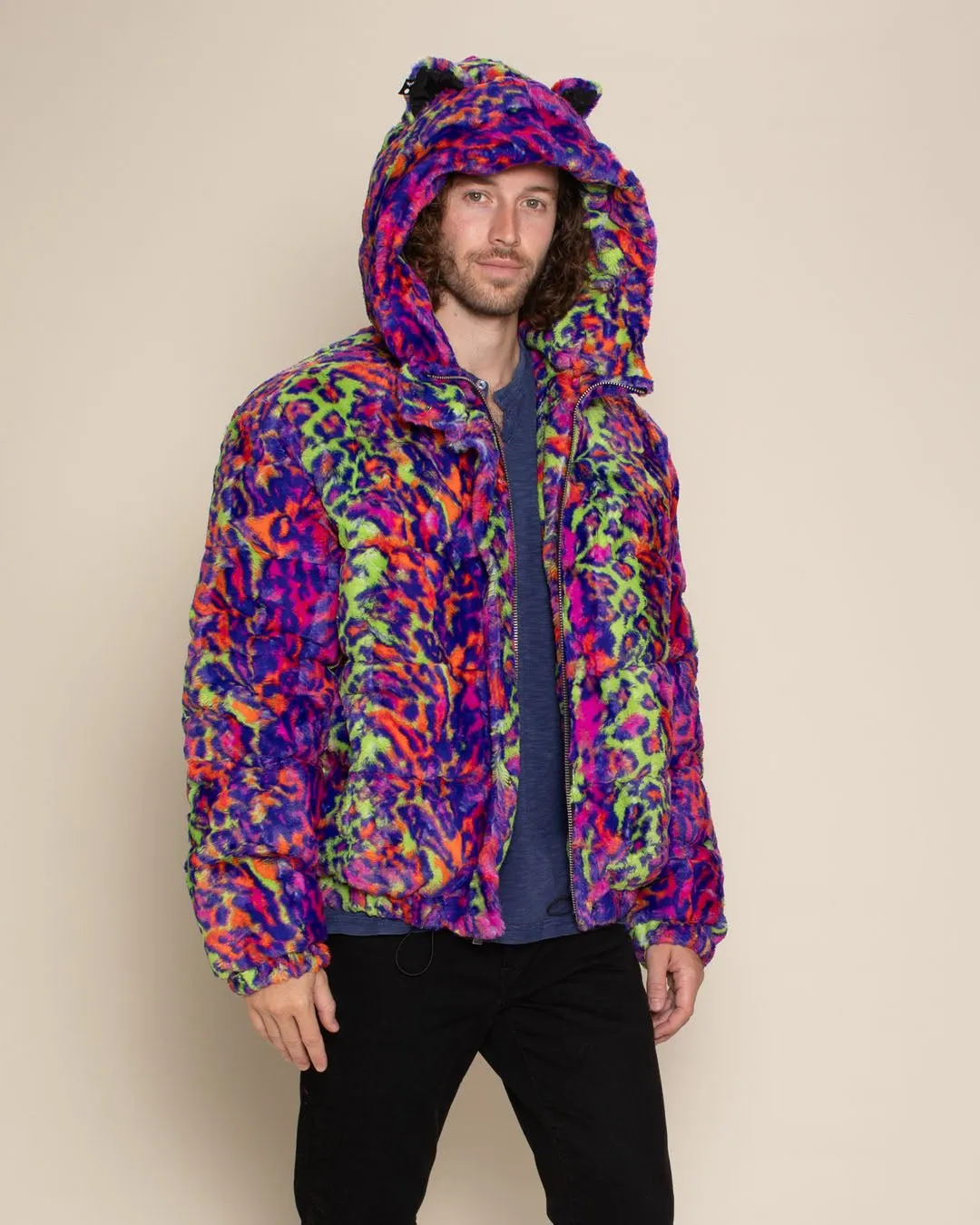 Classic Men's Puffer Jacket With Hood | Neon Disco Cat