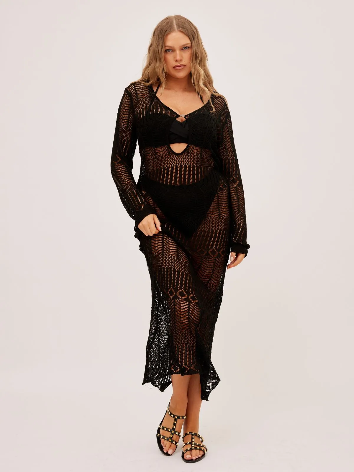 Coco Long sleeve Crochet Midaxi Dress / Black