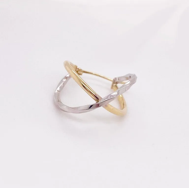 Criss Cross Hoop Earrings, 10K Yellow-White Gold Hoopa Two Tone Twist Earrings