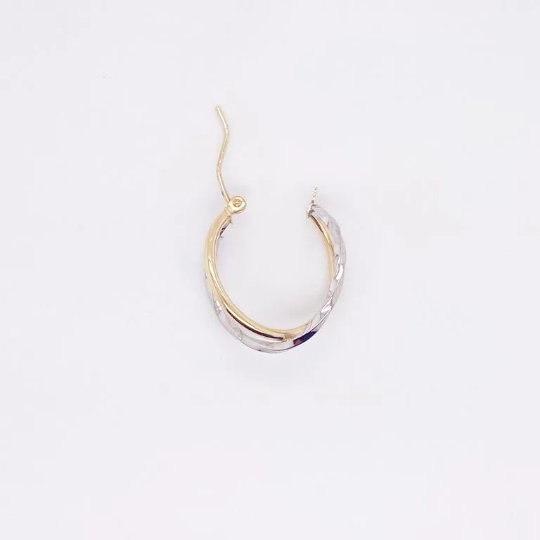 Criss Cross Hoop Earrings, 10K Yellow-White Gold Hoopa Two Tone Twist Earrings