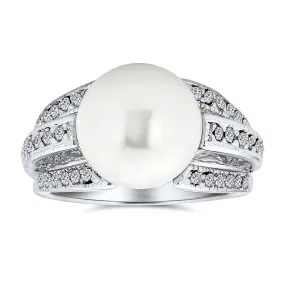 Criss Cross Pave CZ Solitaire White Imitation Pearl Statement Ring