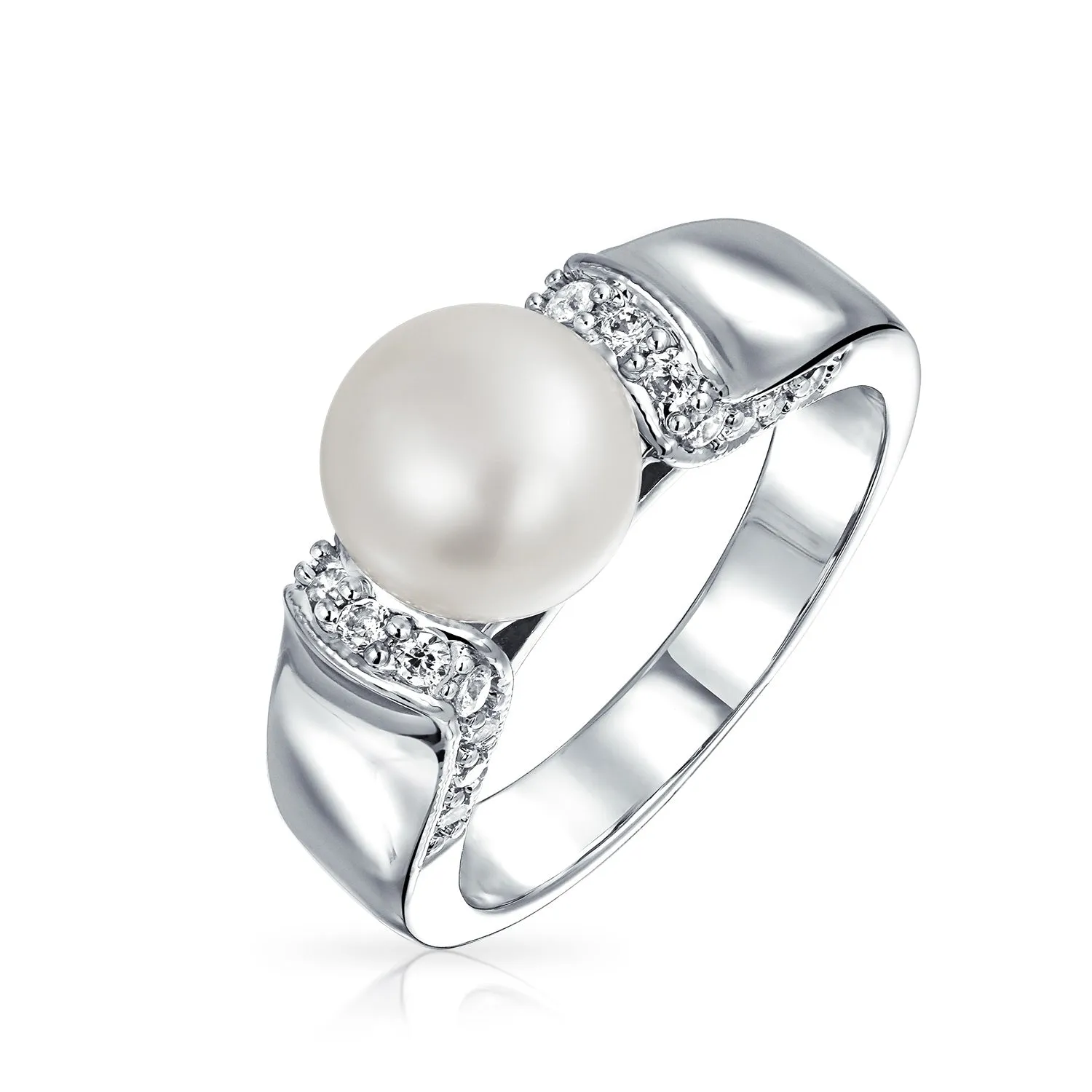 Criss Cross Pave CZ Solitaire White Imitation Pearl Statement Ring