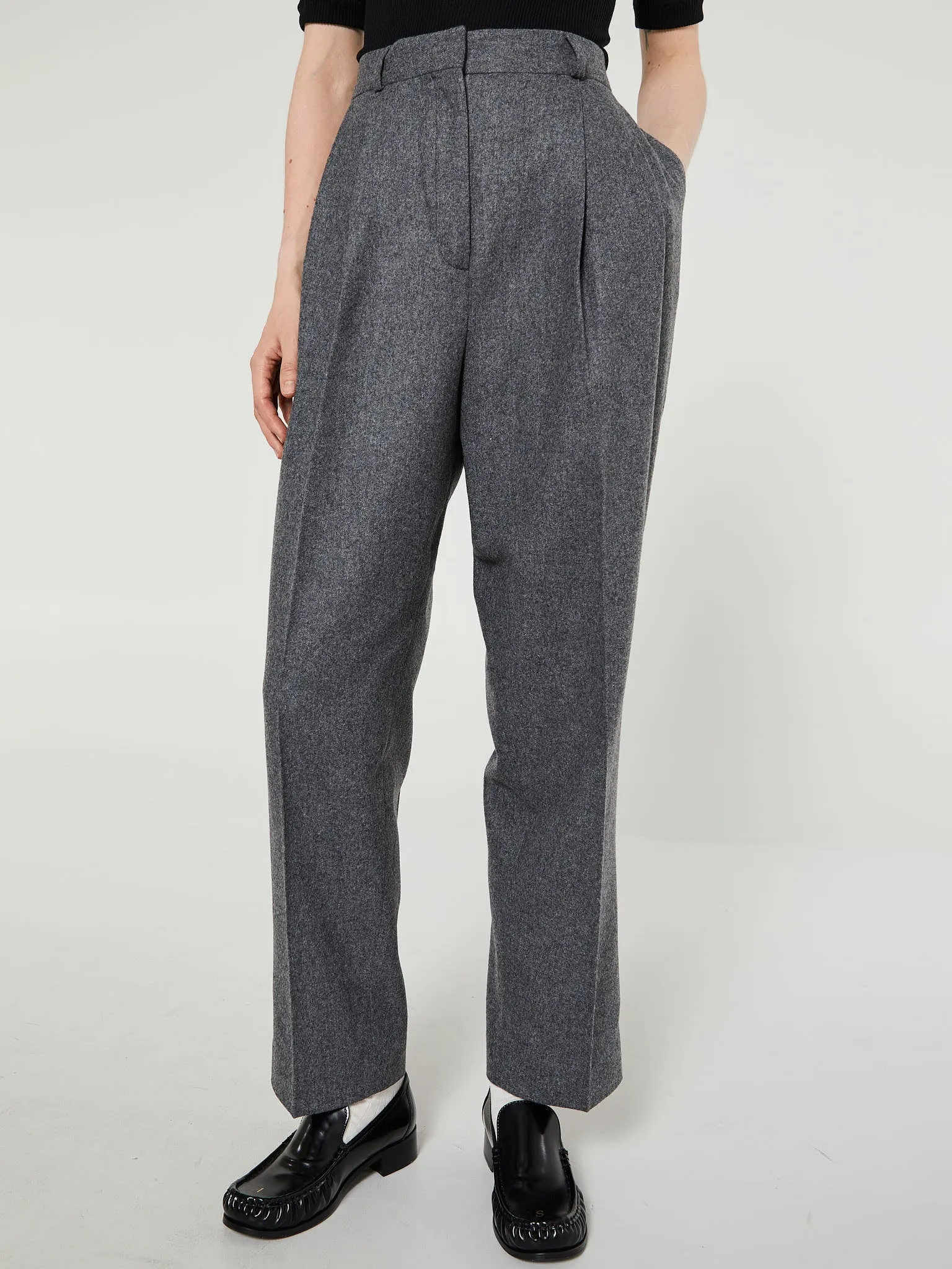 Double-Pleated Tailored Trousers in Grey Melange