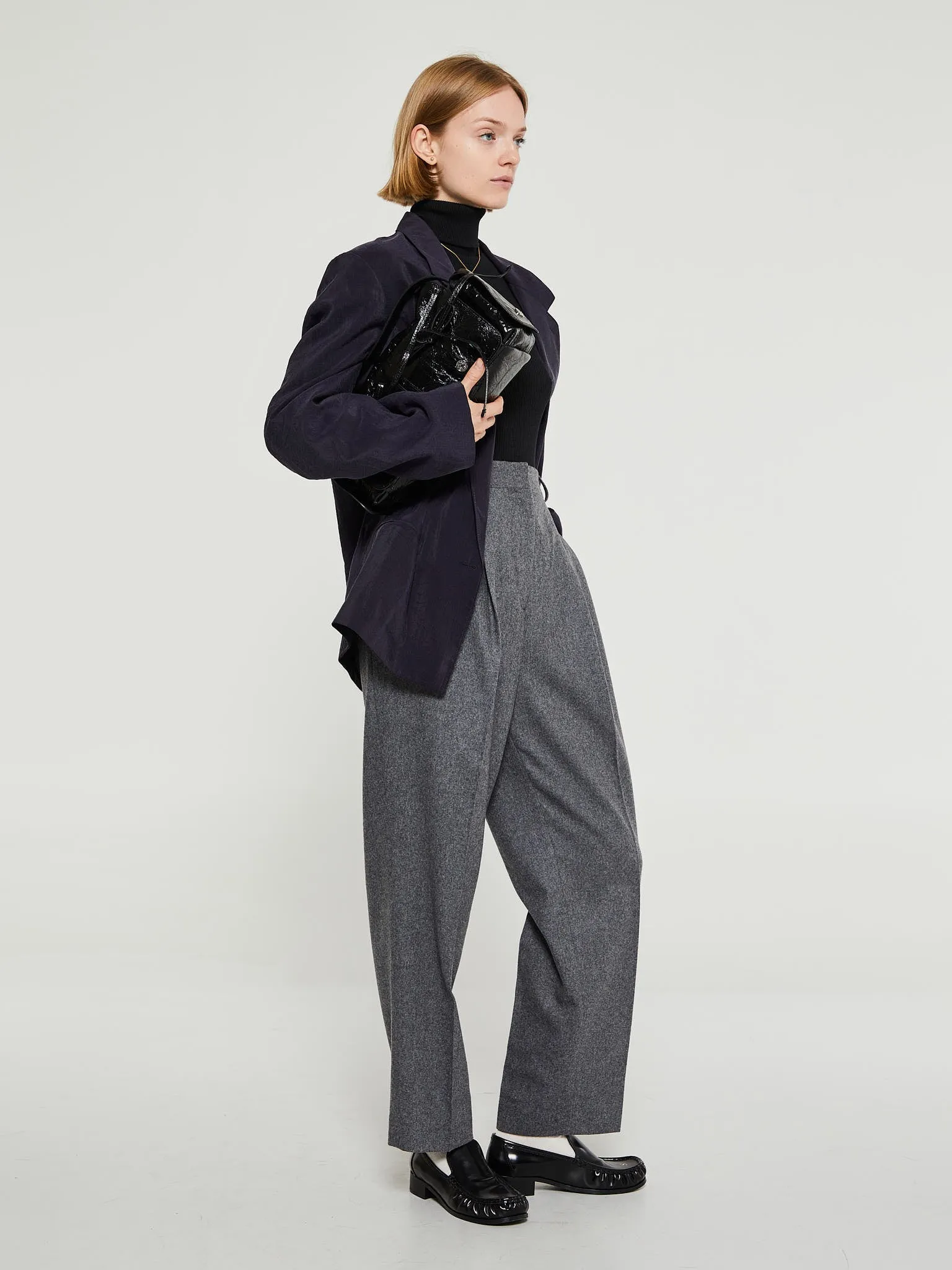 Double-Pleated Tailored Trousers in Grey Melange