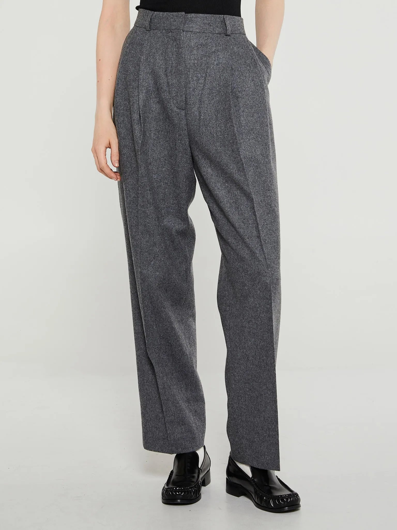 Double-Pleated Tailored Trousers in Grey Melange