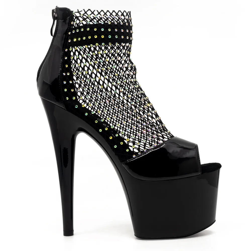 Ellie Shoes Adriana 7" Stiletto Fishnet Rhinestone Ankle Boot