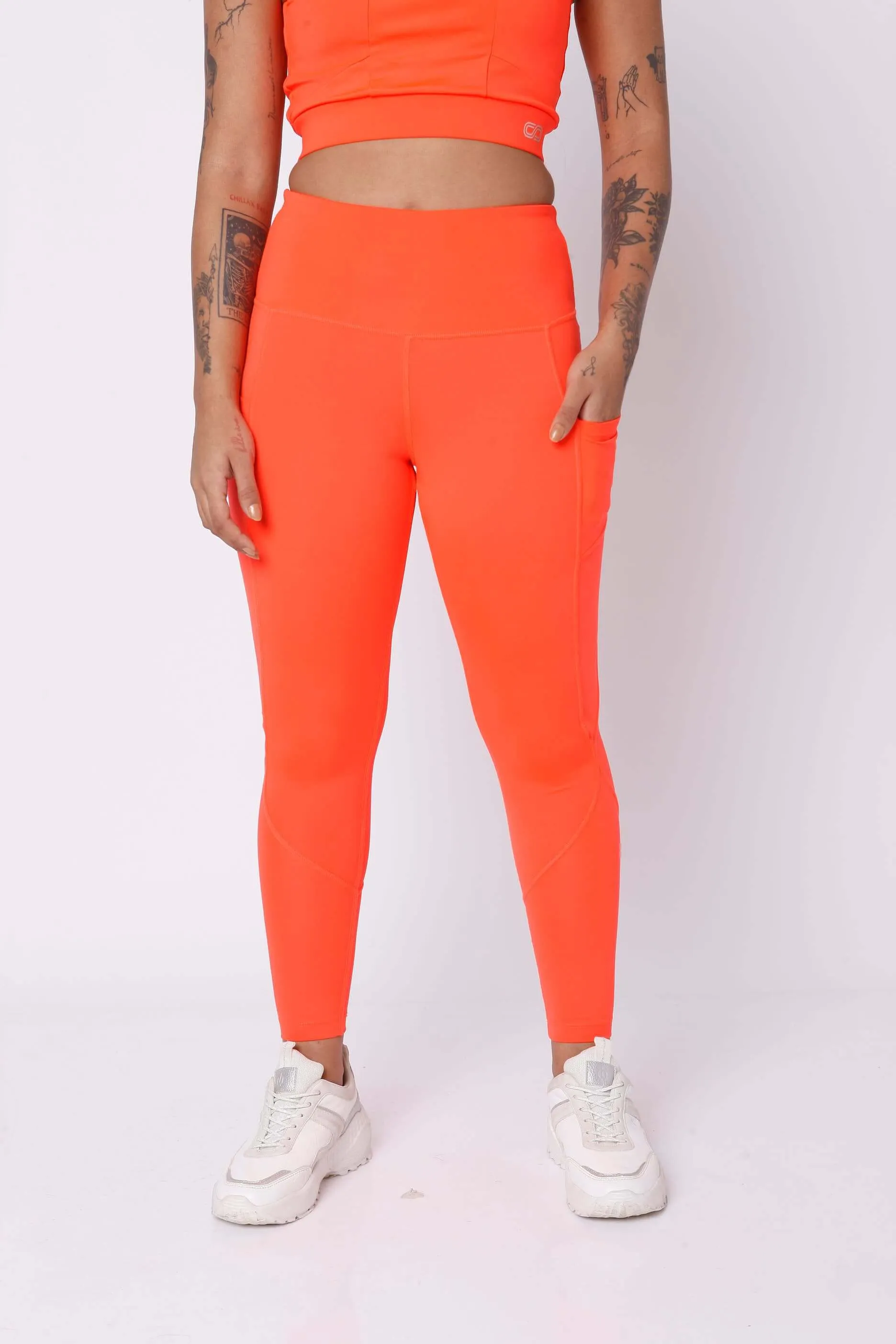 Fiery Coral T Back Sports Top & Aura Leggings