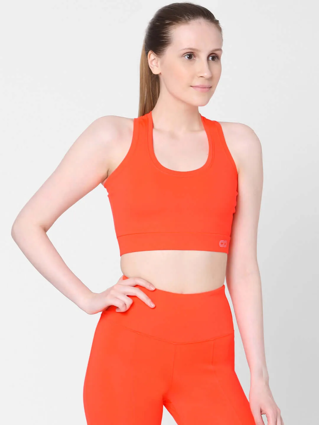 Fiery Coral T Back Sports Top & Aura Leggings