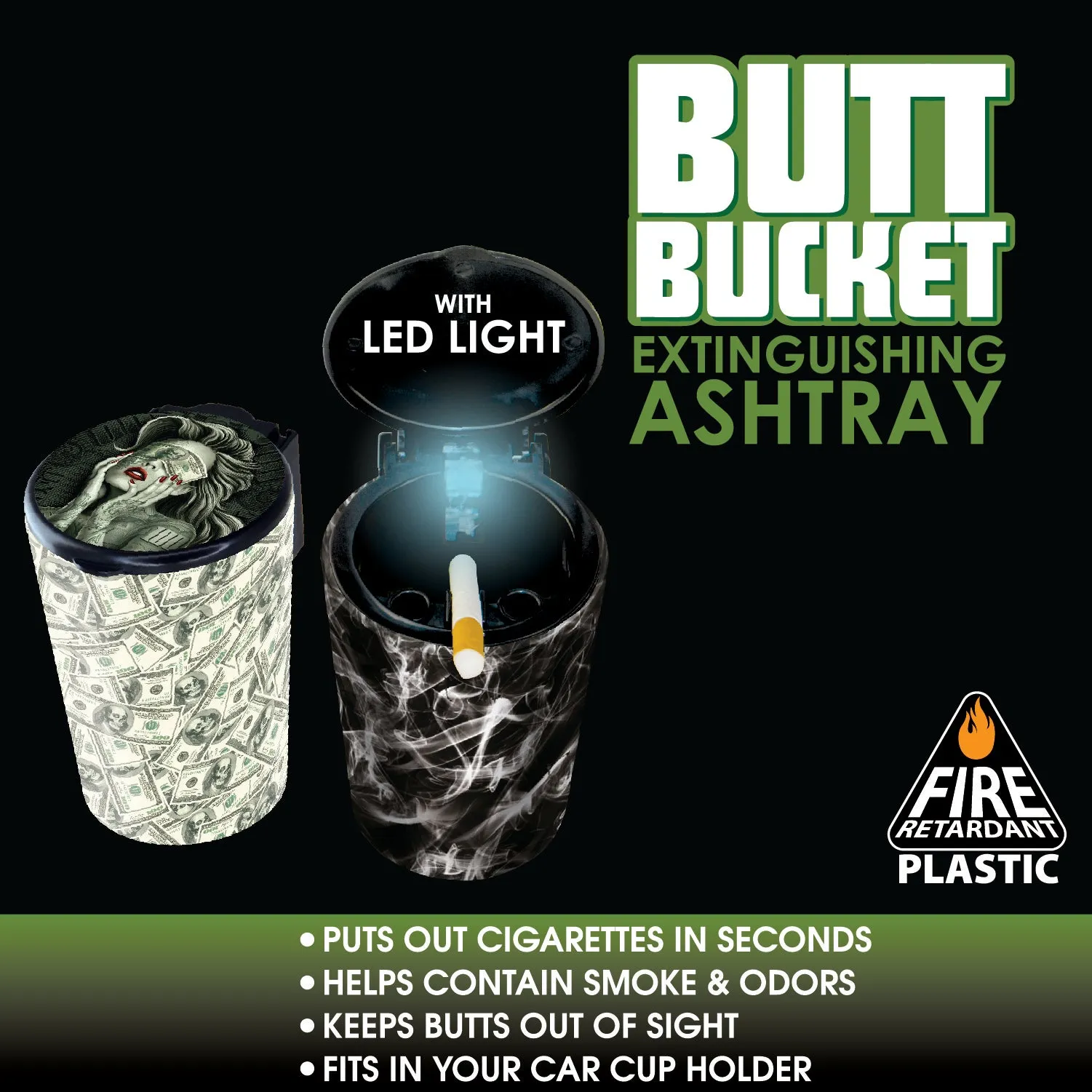 Full Printed Butt Bucket Ashtray with LED Light - 6 Pieces Per Retail Ready Display 22842