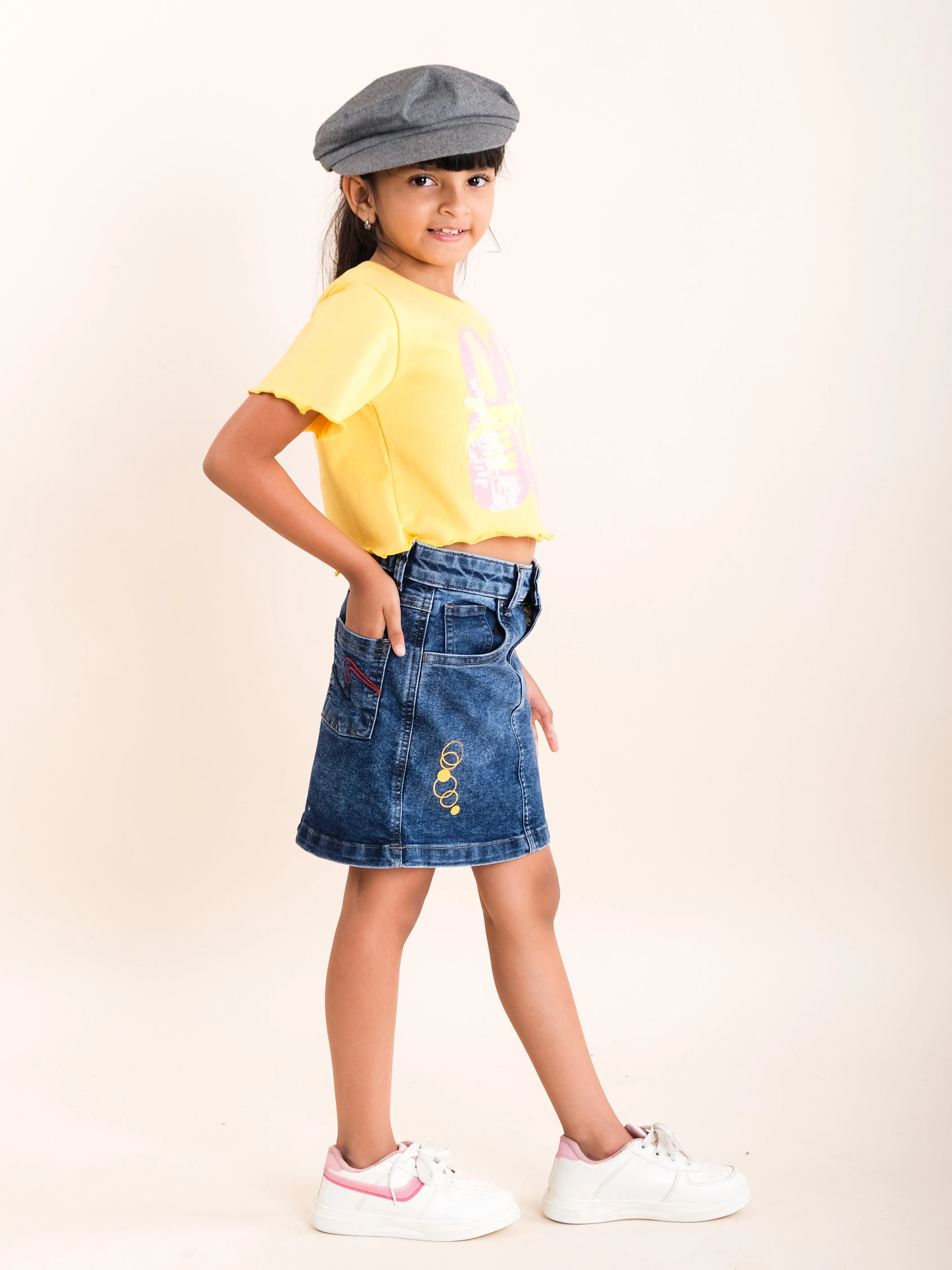 Girls Cotton Printed Half Sleeve Crop Length Tee With Fashion Denim Skirt Set