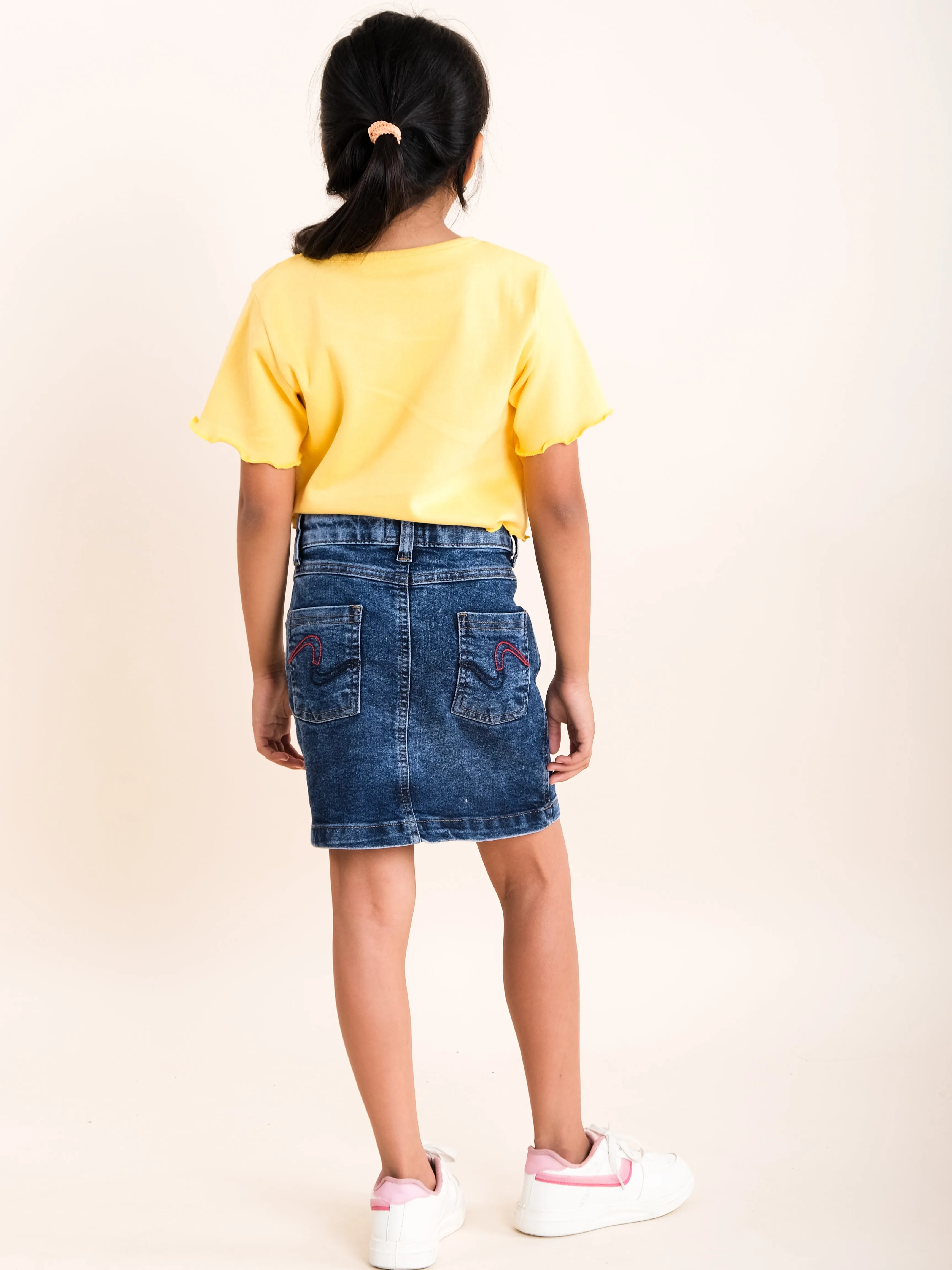 Girls Cotton Printed Half Sleeve Crop Length Tee With Fashion Denim Skirt Set