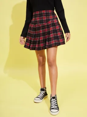 Girls Red & Navy Check Front Yoke Pleated Skirt