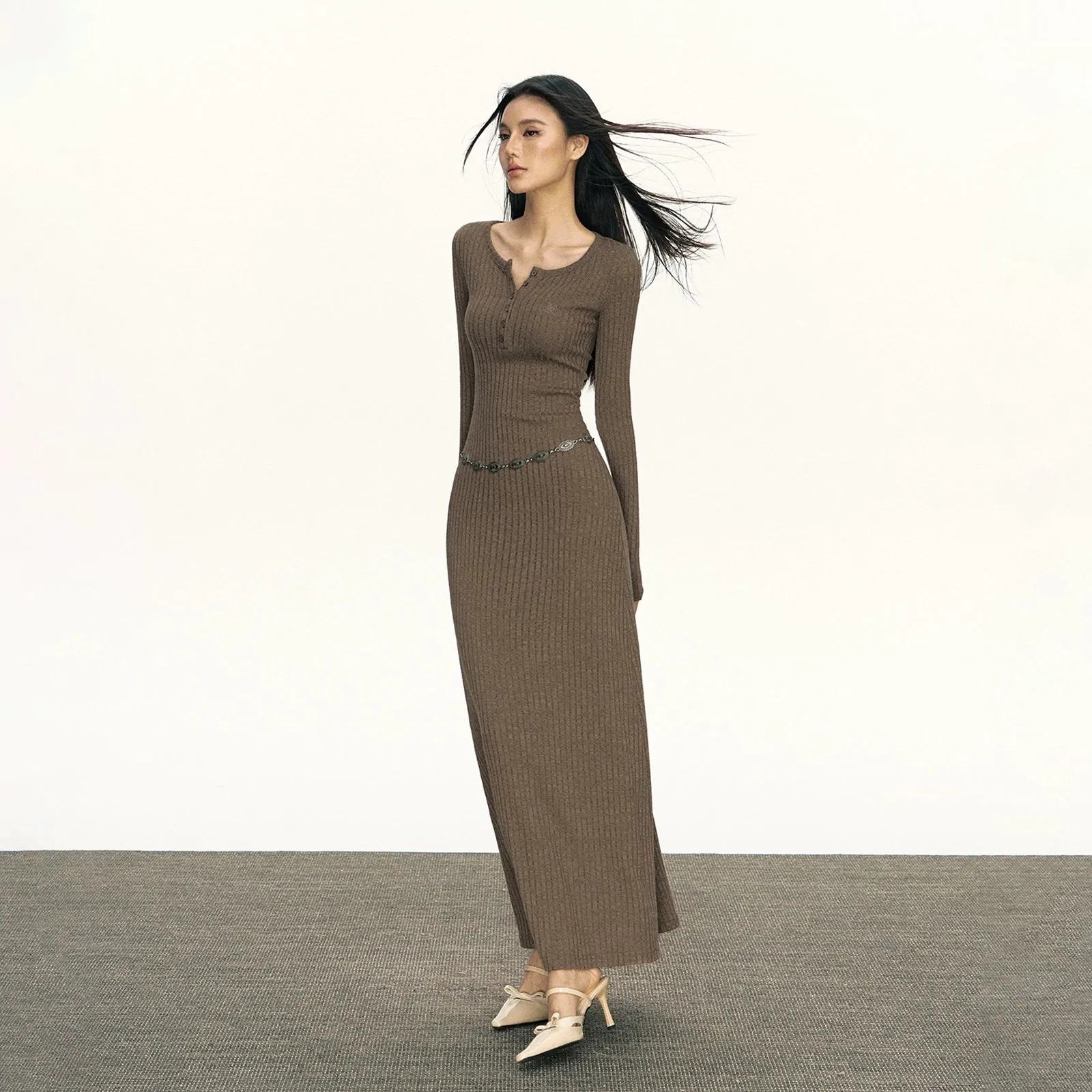 Half Button Long Sleeve Ribbed Maxi Dress