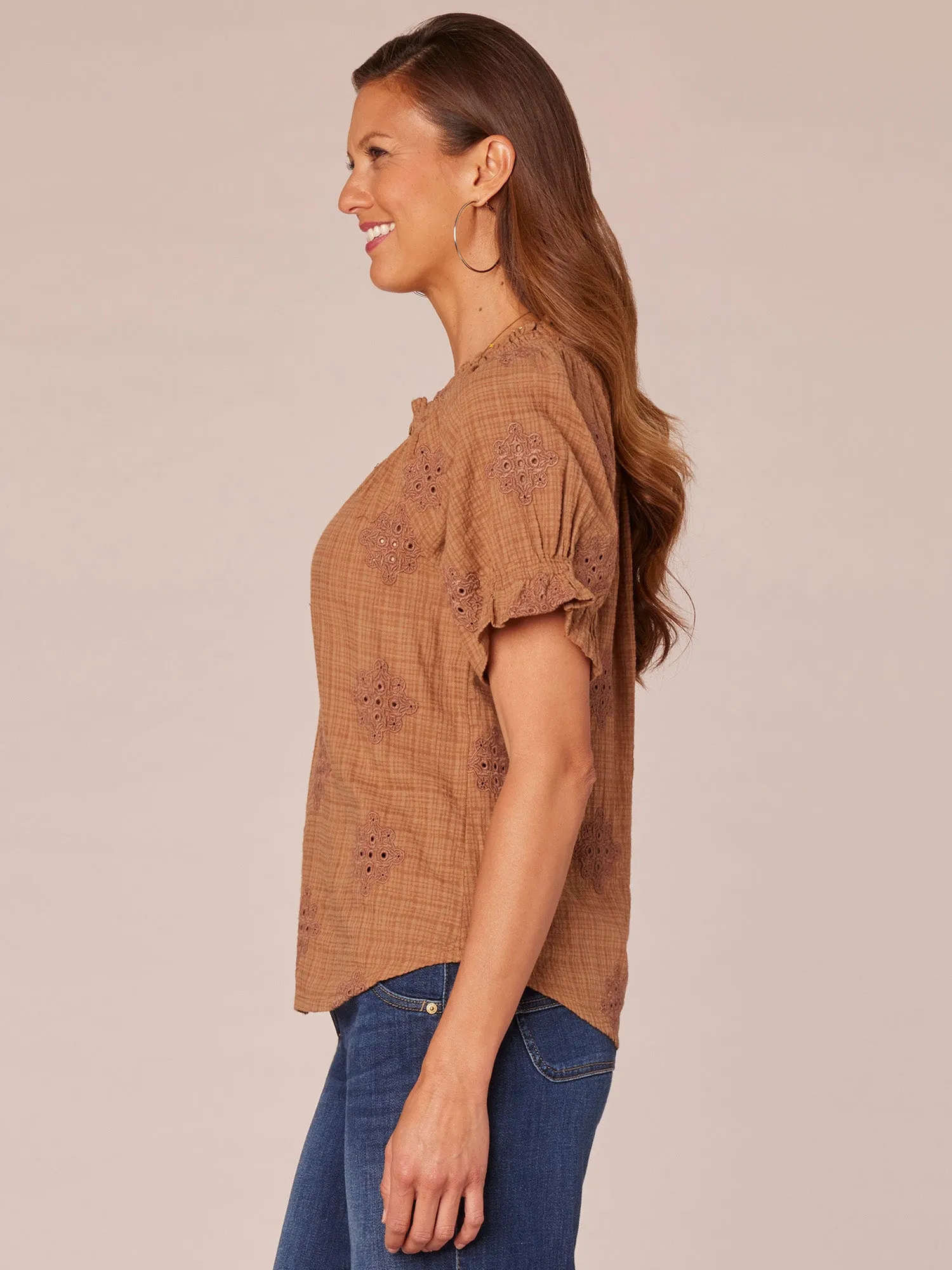 Half Smocked Sleeve Round Keyhole Neck Petite Woven Top