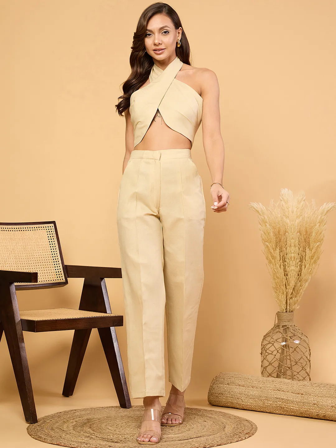 Halter Neck Linen Top With Pants