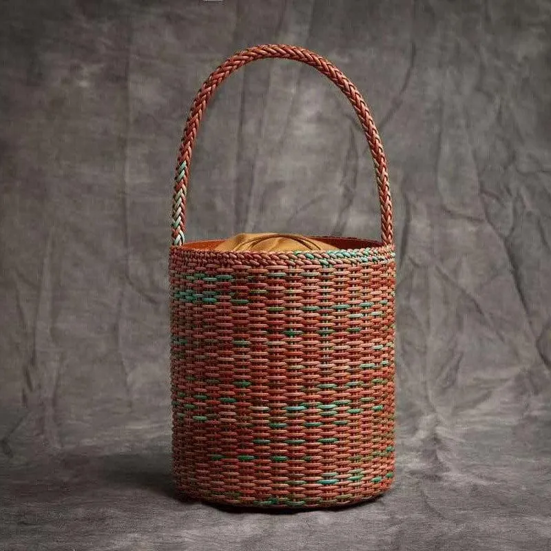 Handwoven Genuine Leather Bucket Bag, Woven Triple Jump Bamboo Ladies Handbag, Weekend Basket Bag, Summer Beach Bag, Coffee, Brown