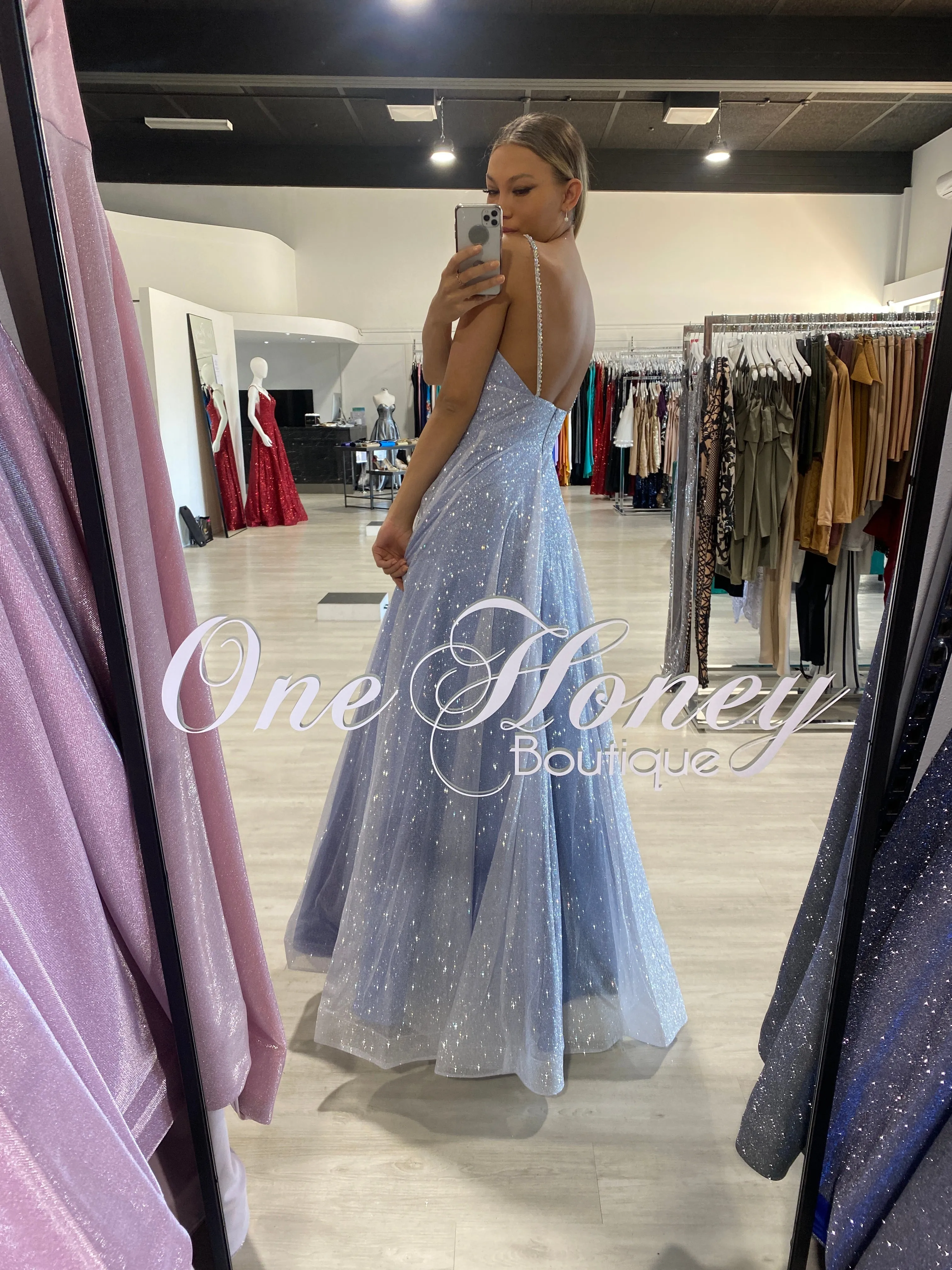 Honey Couture LIVIA Baby Blue Silver Glitter Ball Gown Formal Dress