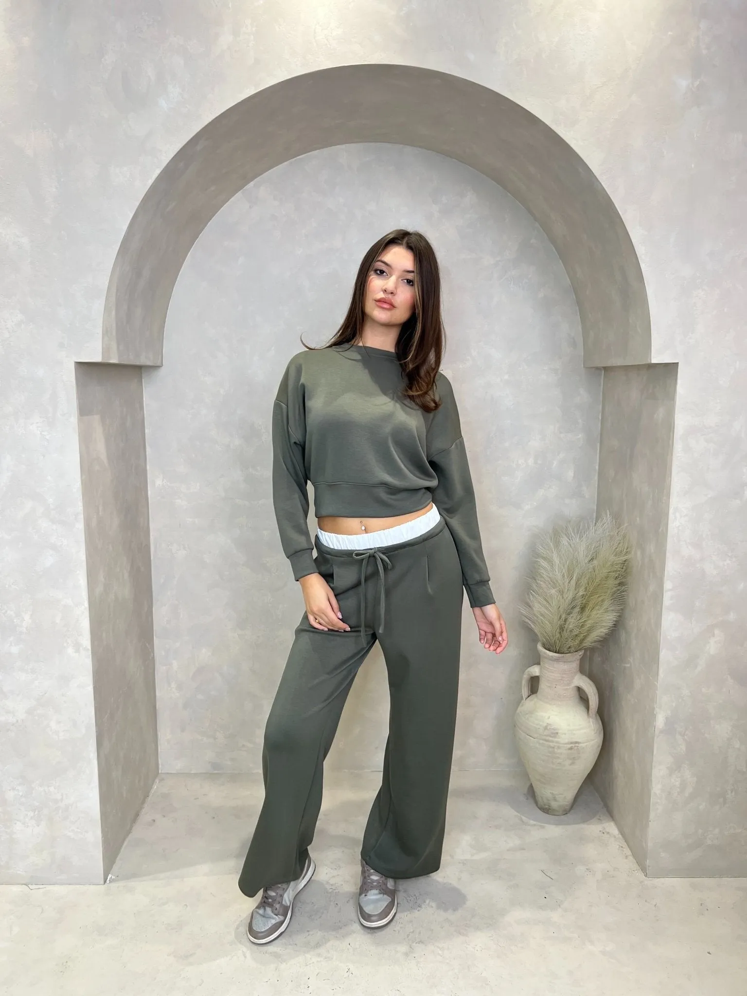 Khaki Drawstring Wide Leg Trousers