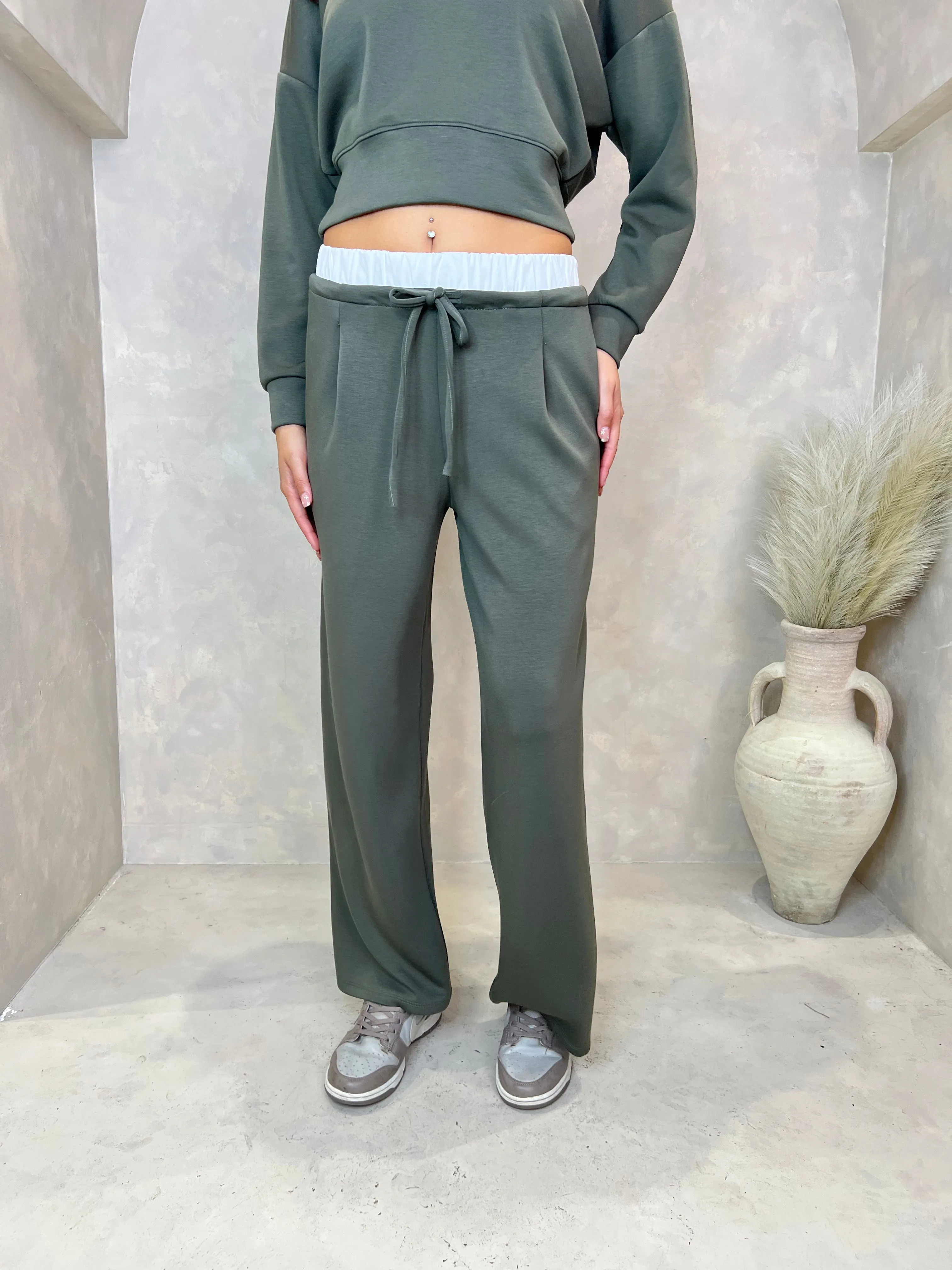 Khaki Drawstring Wide Leg Trousers