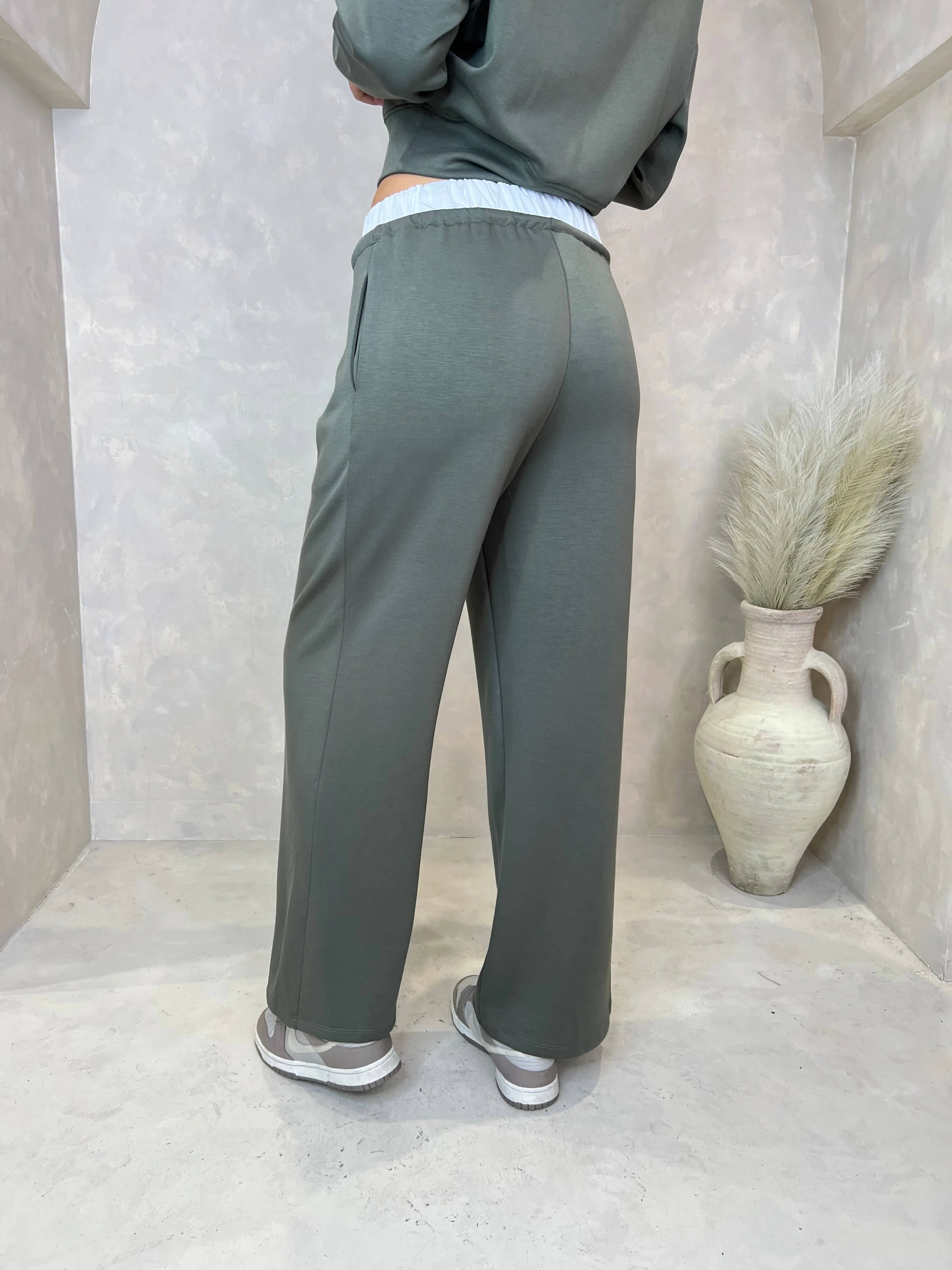 Khaki Drawstring Wide Leg Trousers