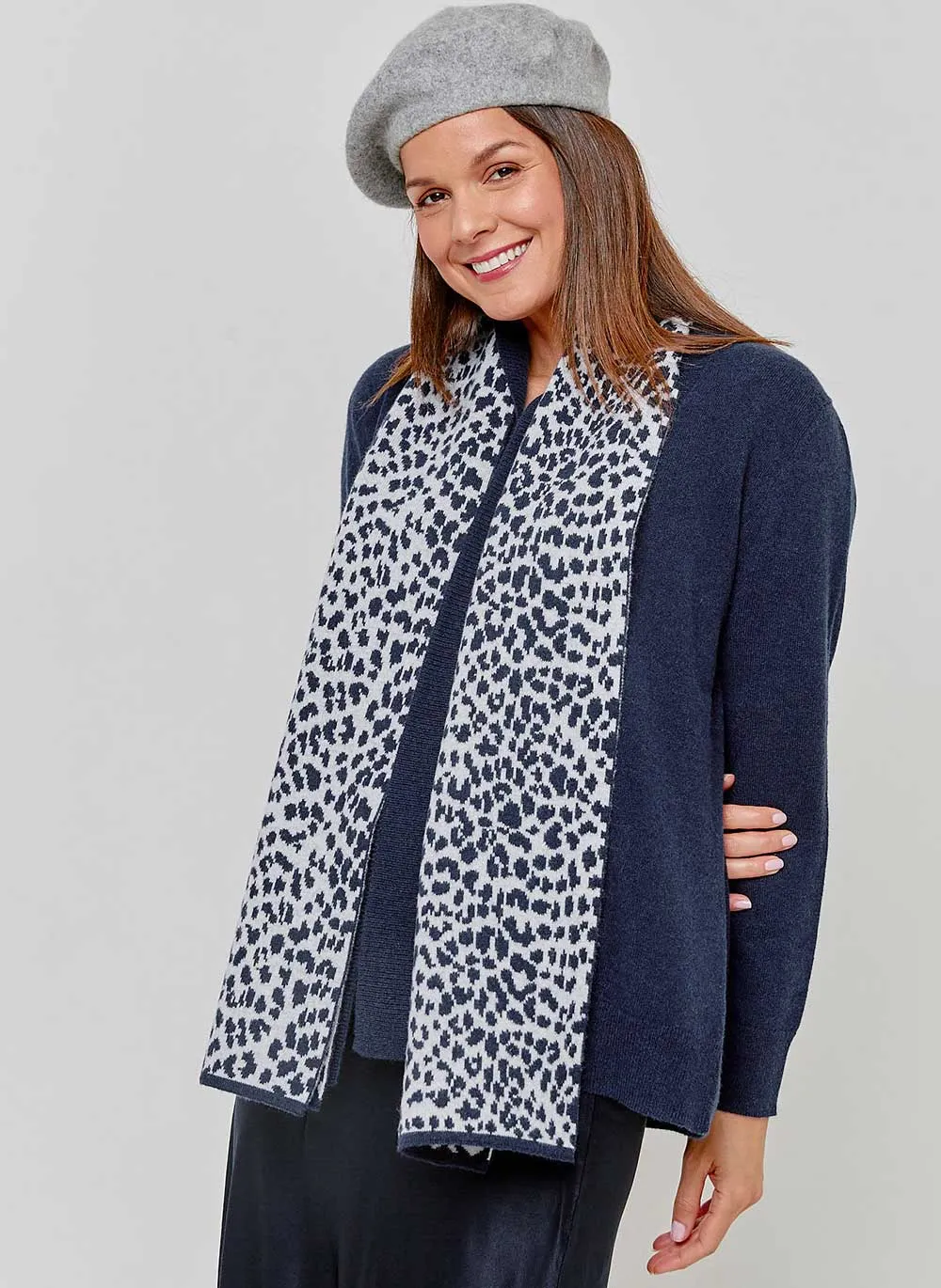 Leopard Cashmere Scarf - Navy