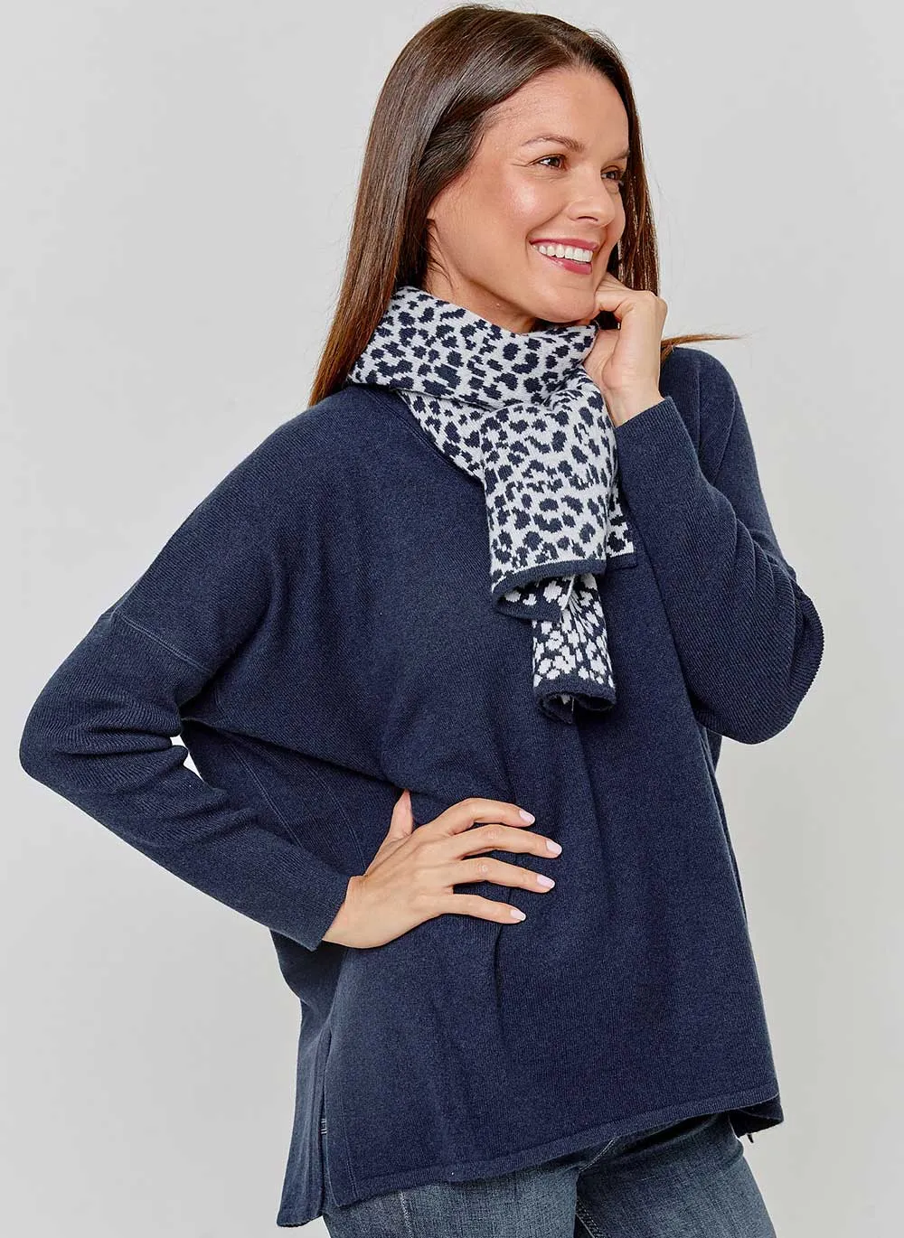 Leopard Cashmere Scarf - Navy