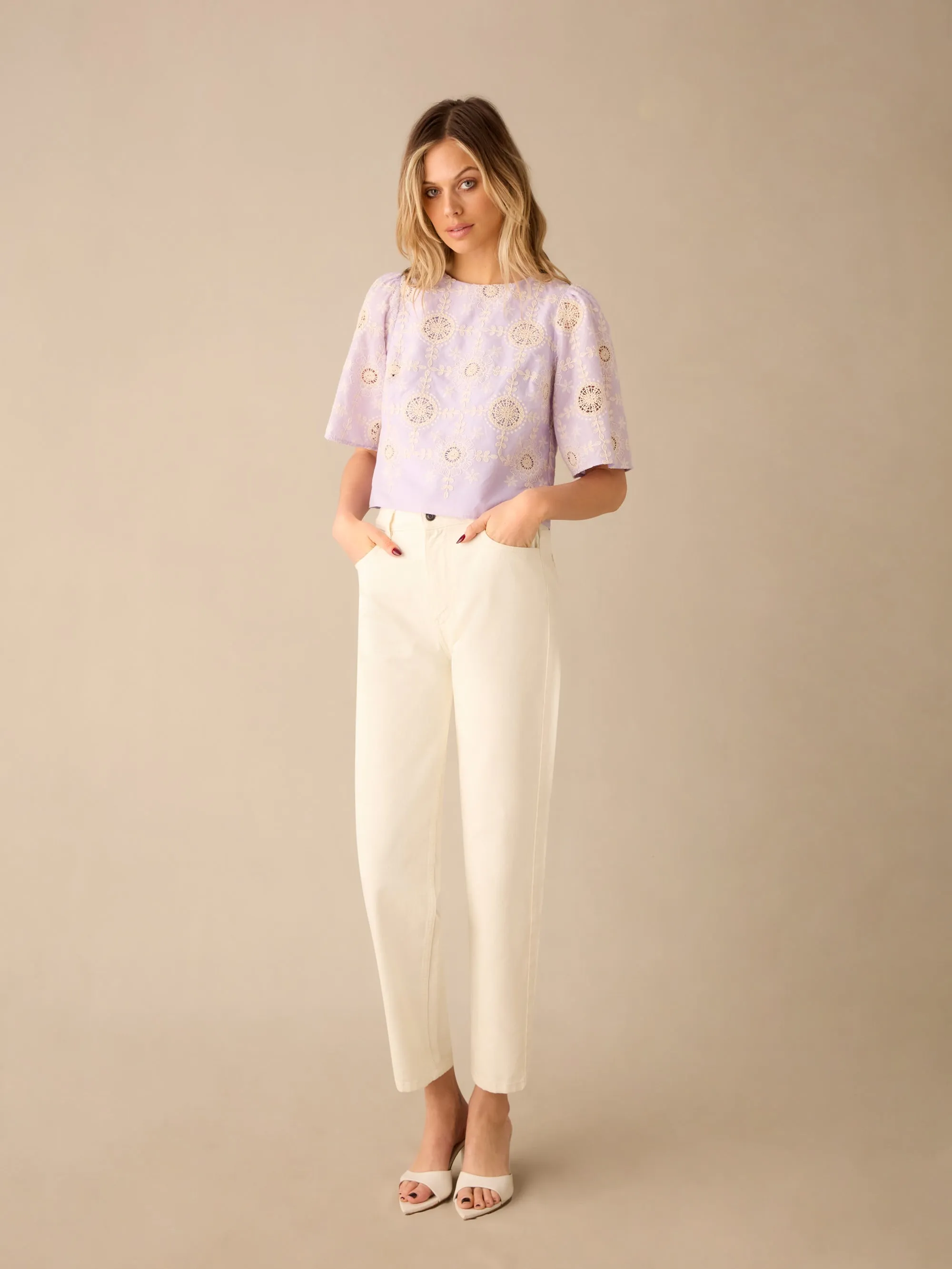 Lilac Broderie Short Sleeve Top