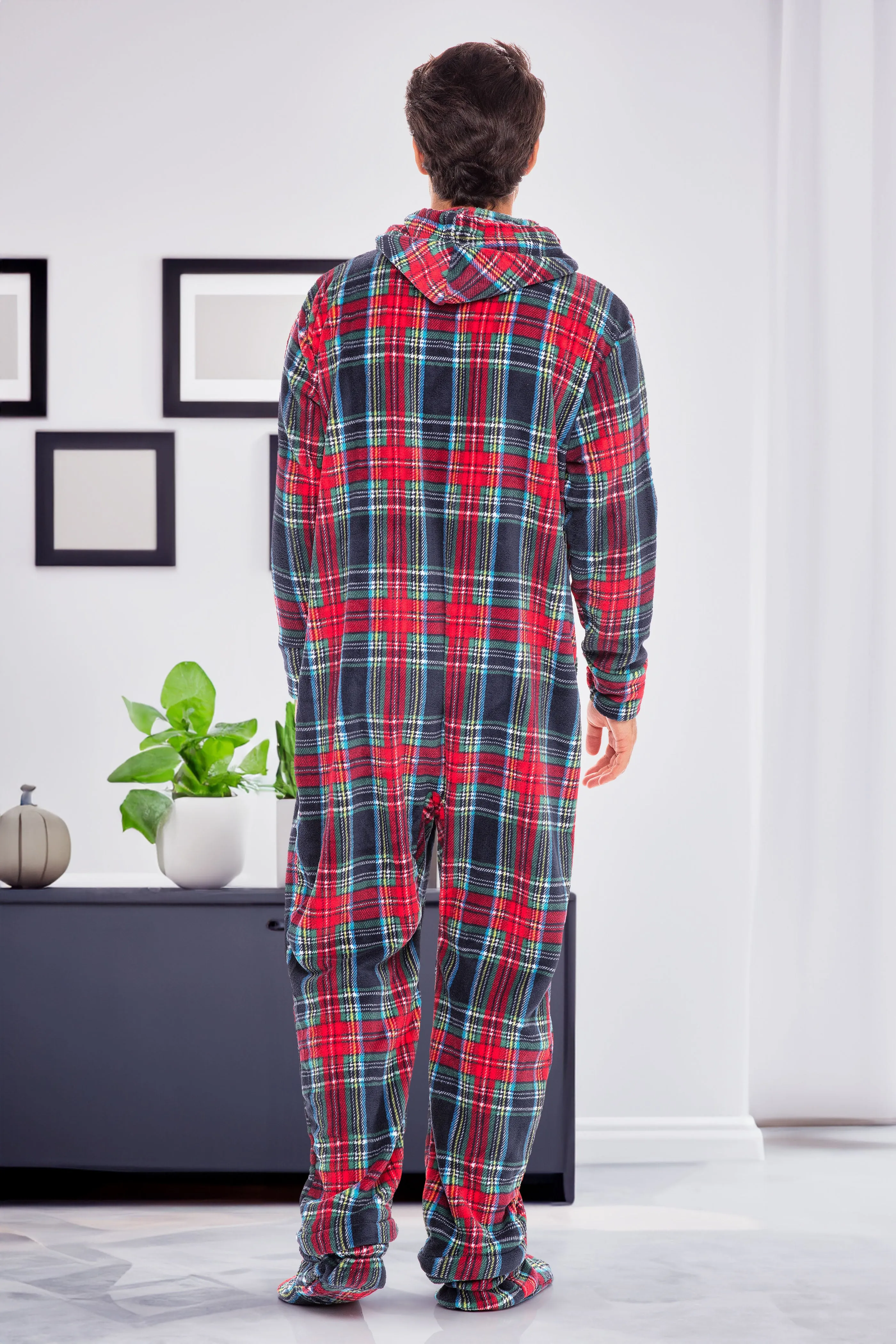 Men's Hooded Footed Adult Onesie Pajamas, Plush Winter PJs with Hood