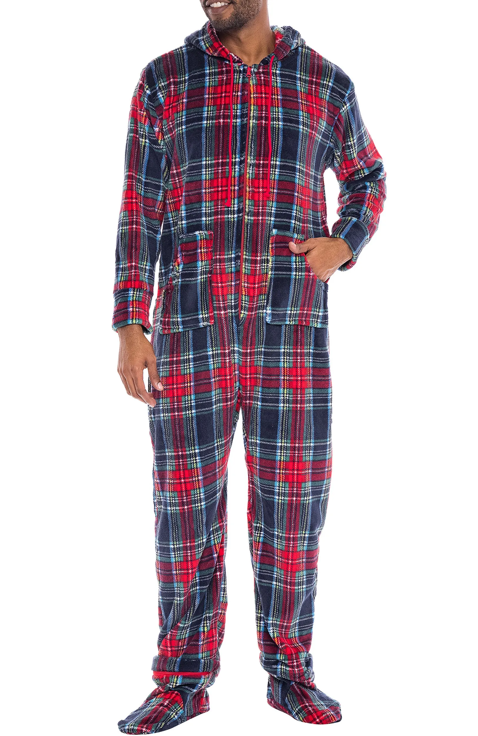 Men's Hooded Footed Adult Onesie Pajamas, Plush Winter PJs with Hood