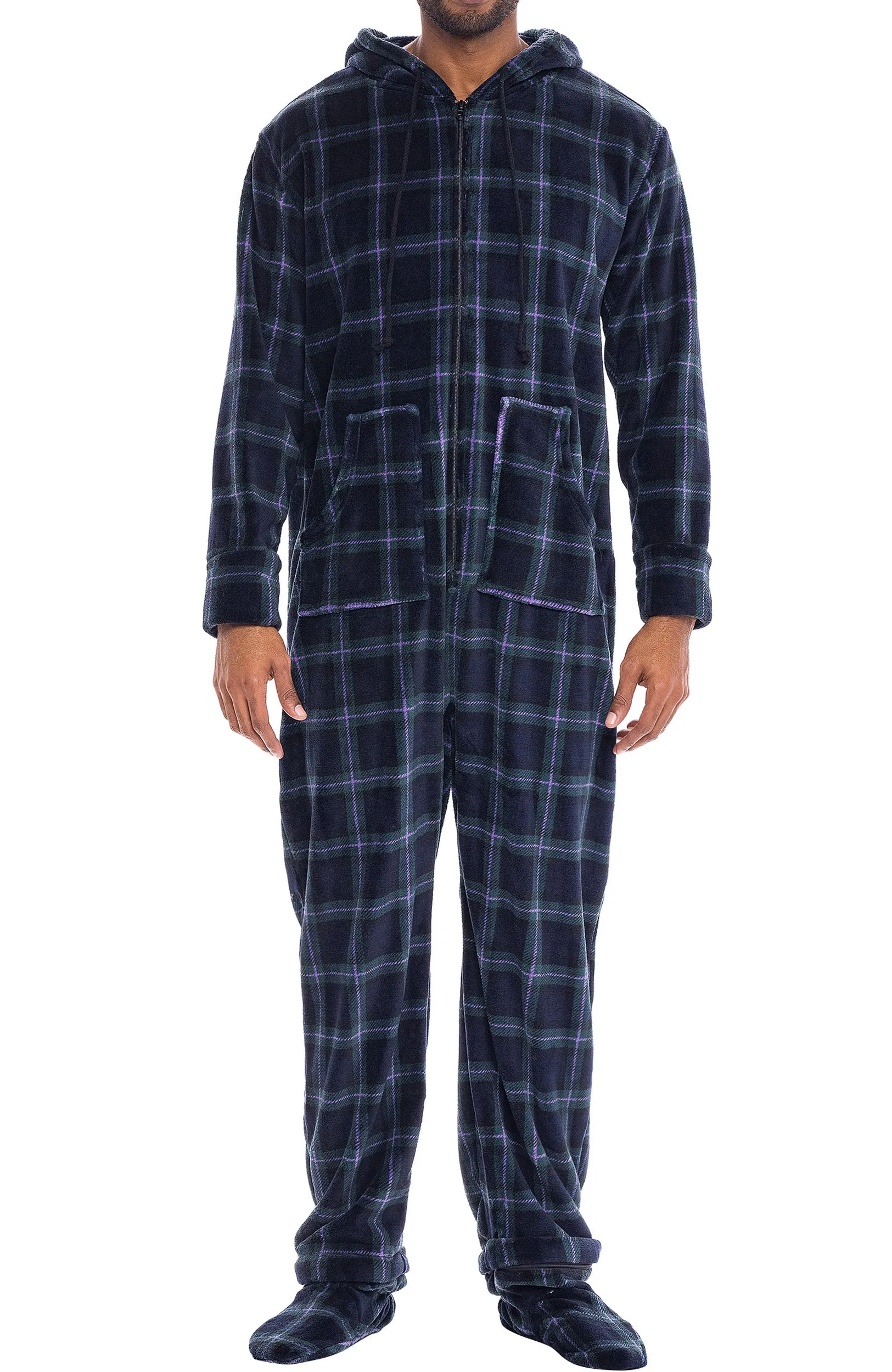 Men's Hooded Footed Adult Onesie Pajamas, Plush Winter PJs with Hood