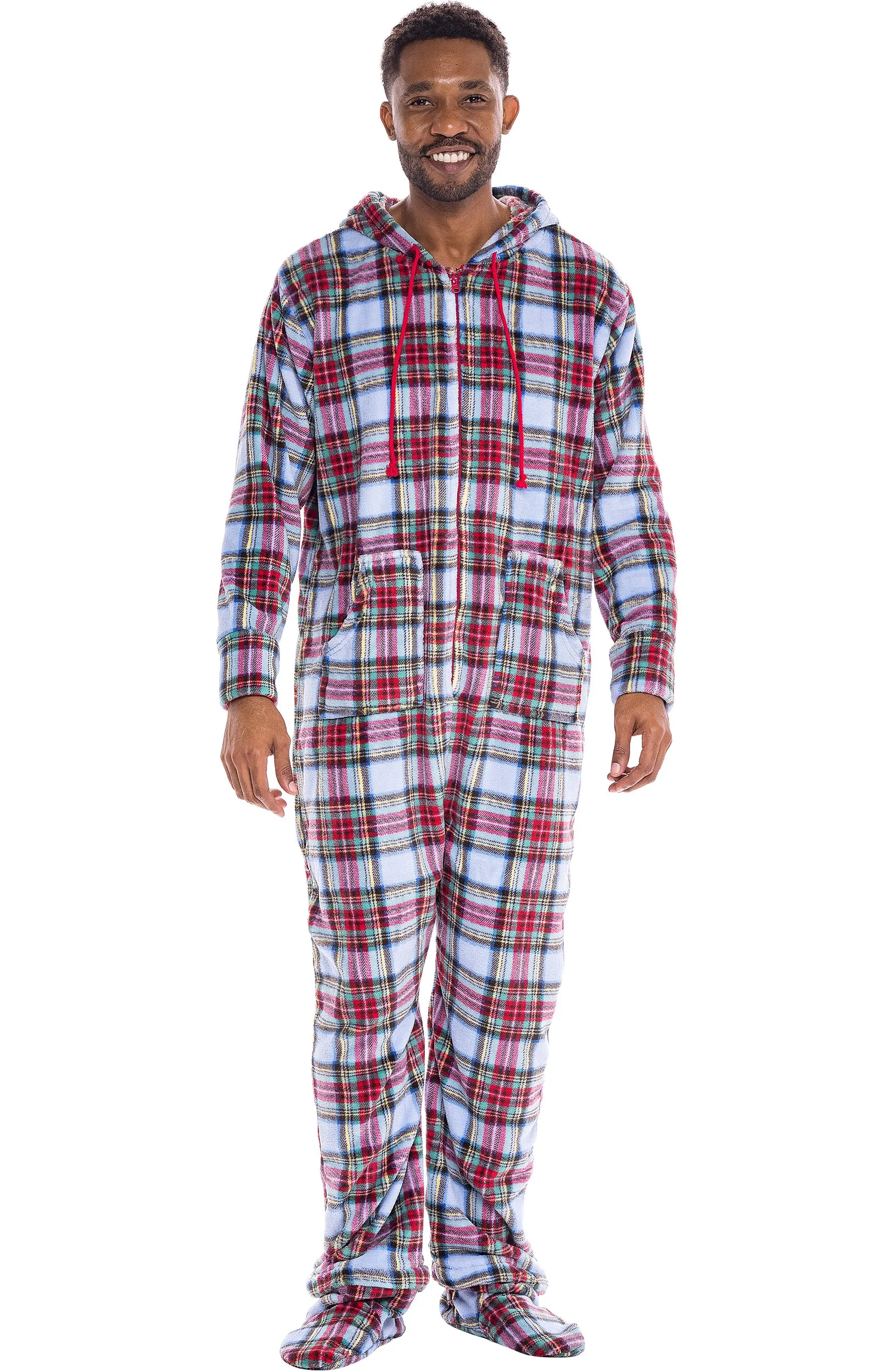 Men's Hooded Footed Adult Onesie Pajamas, Plush Winter PJs with Hood