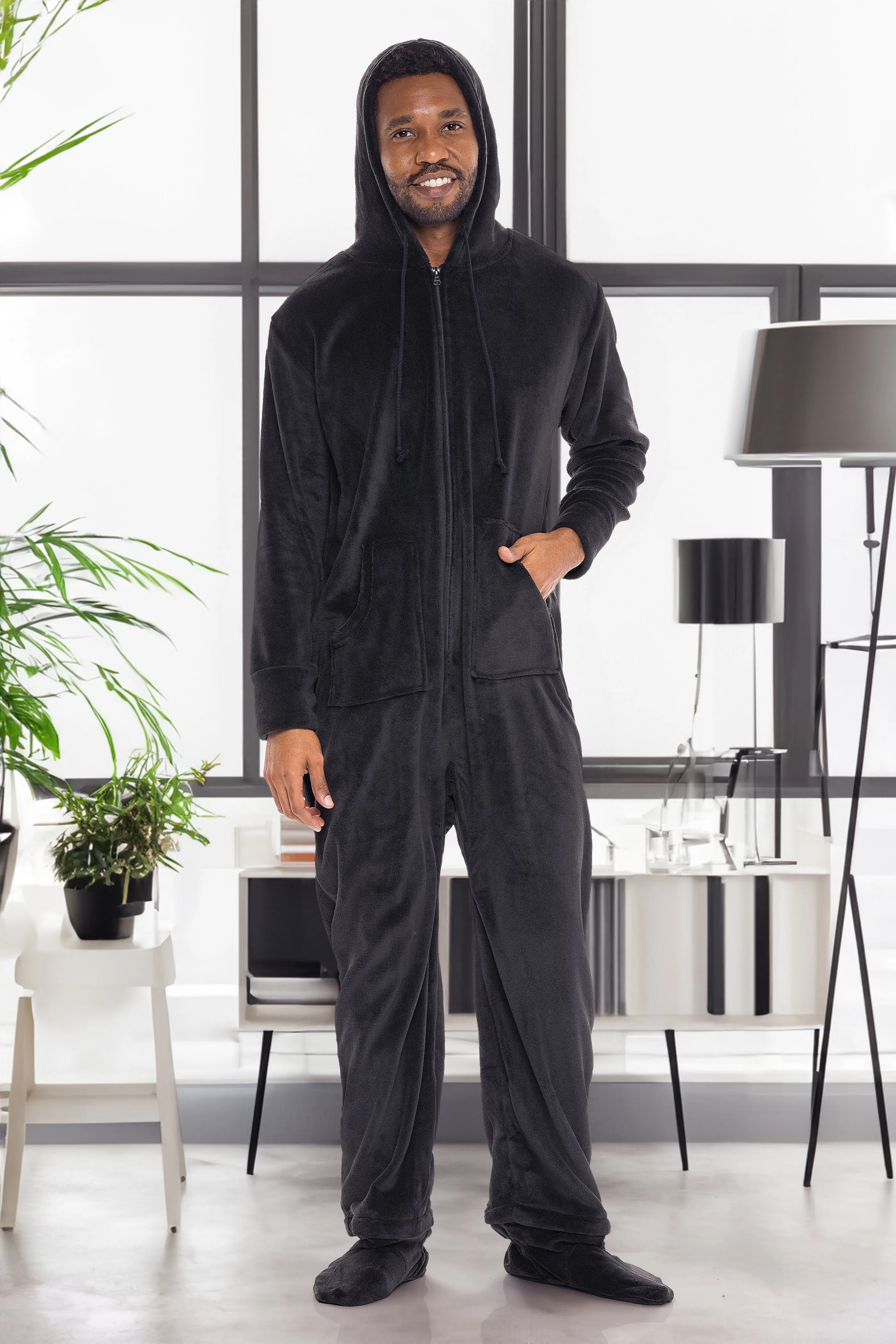 Men's Hooded Footed Adult Onesie Pajamas, Plush Winter PJs with Hood