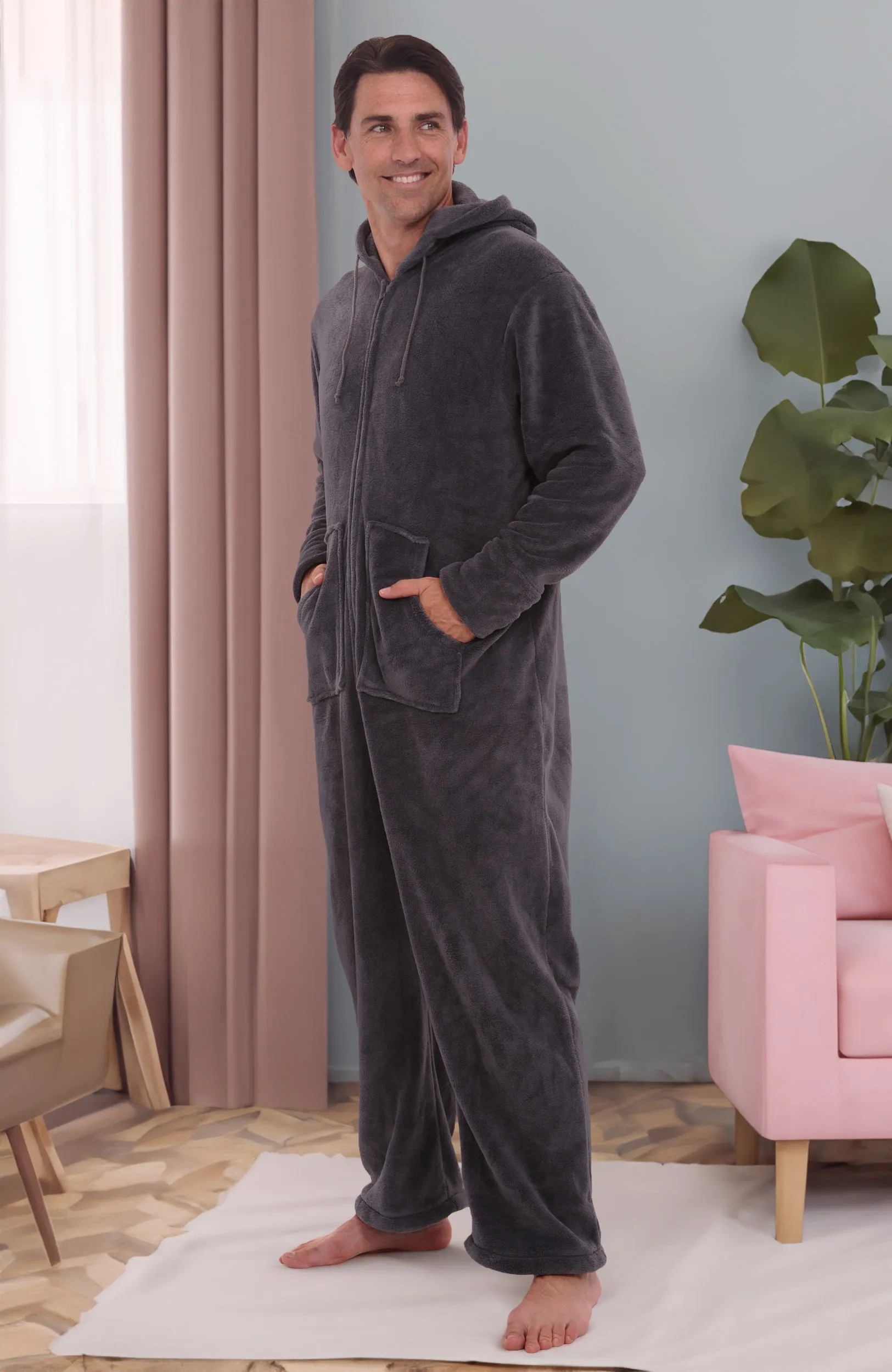 Men's Hooded Footed Adult Onesie Pajamas, Plush Winter PJs with Hood