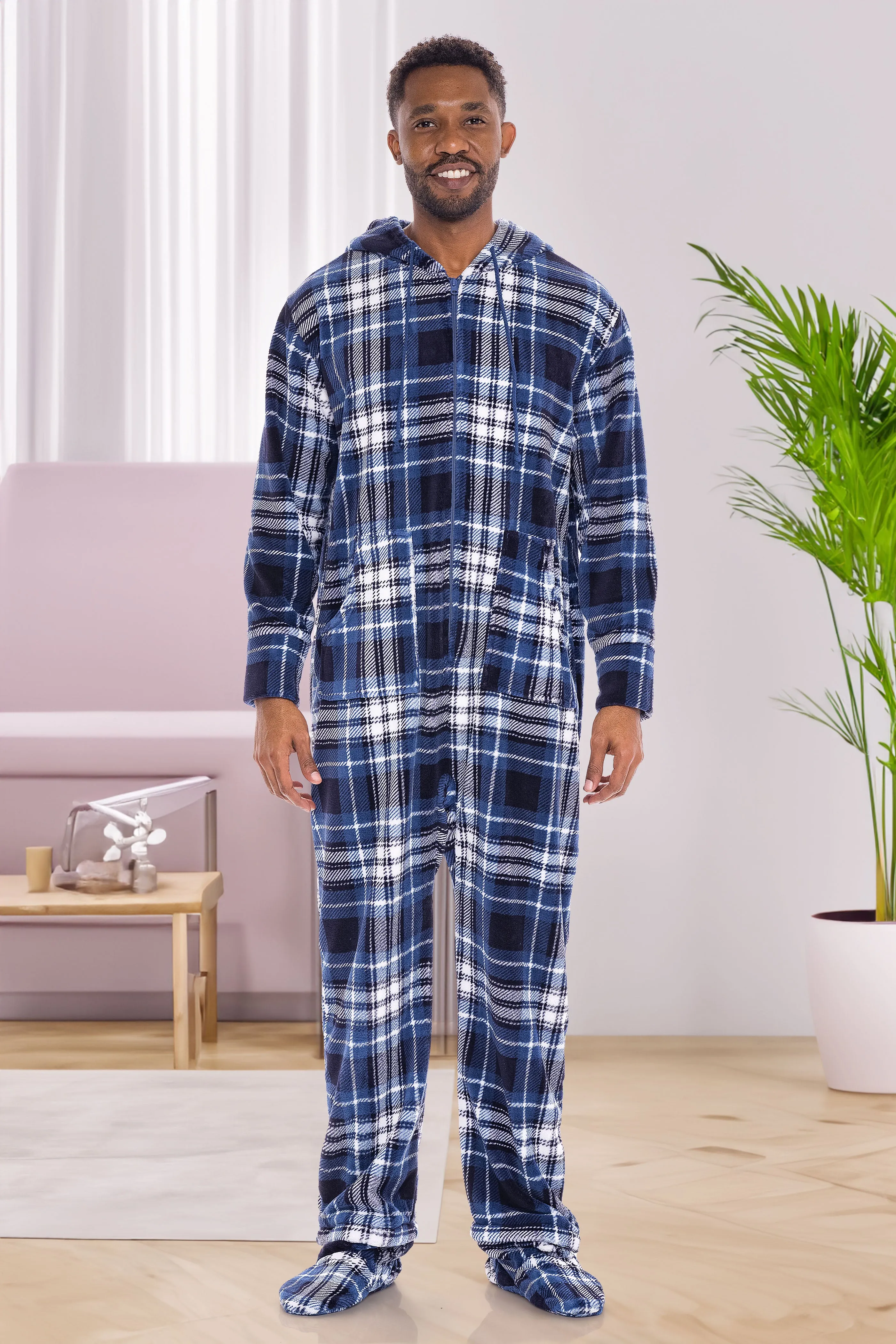 Men's Hooded Footed Adult Onesie Pajamas, Plush Winter PJs with Hood