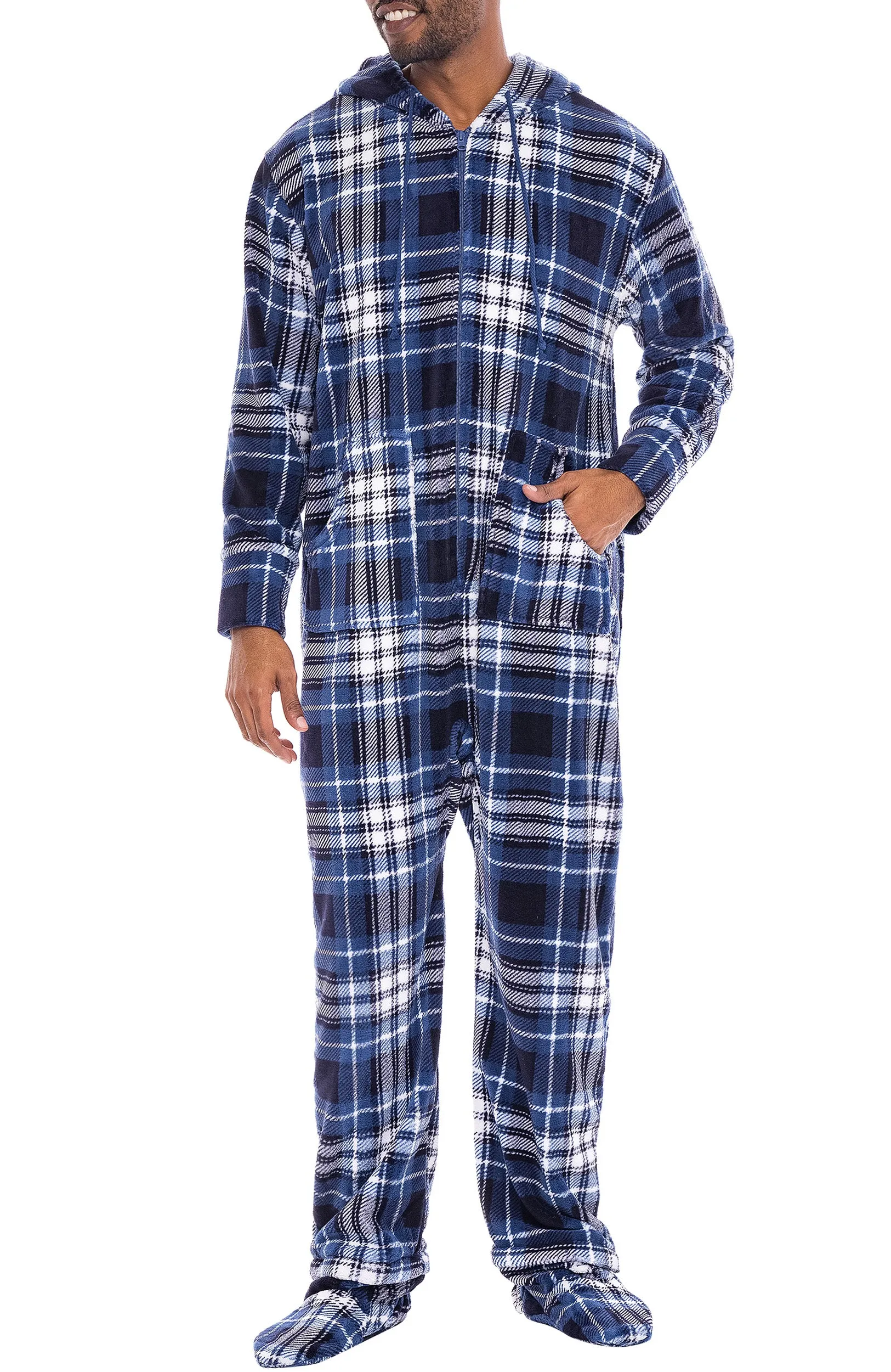 Men's Hooded Footed Adult Onesie Pajamas, Plush Winter PJs with Hood