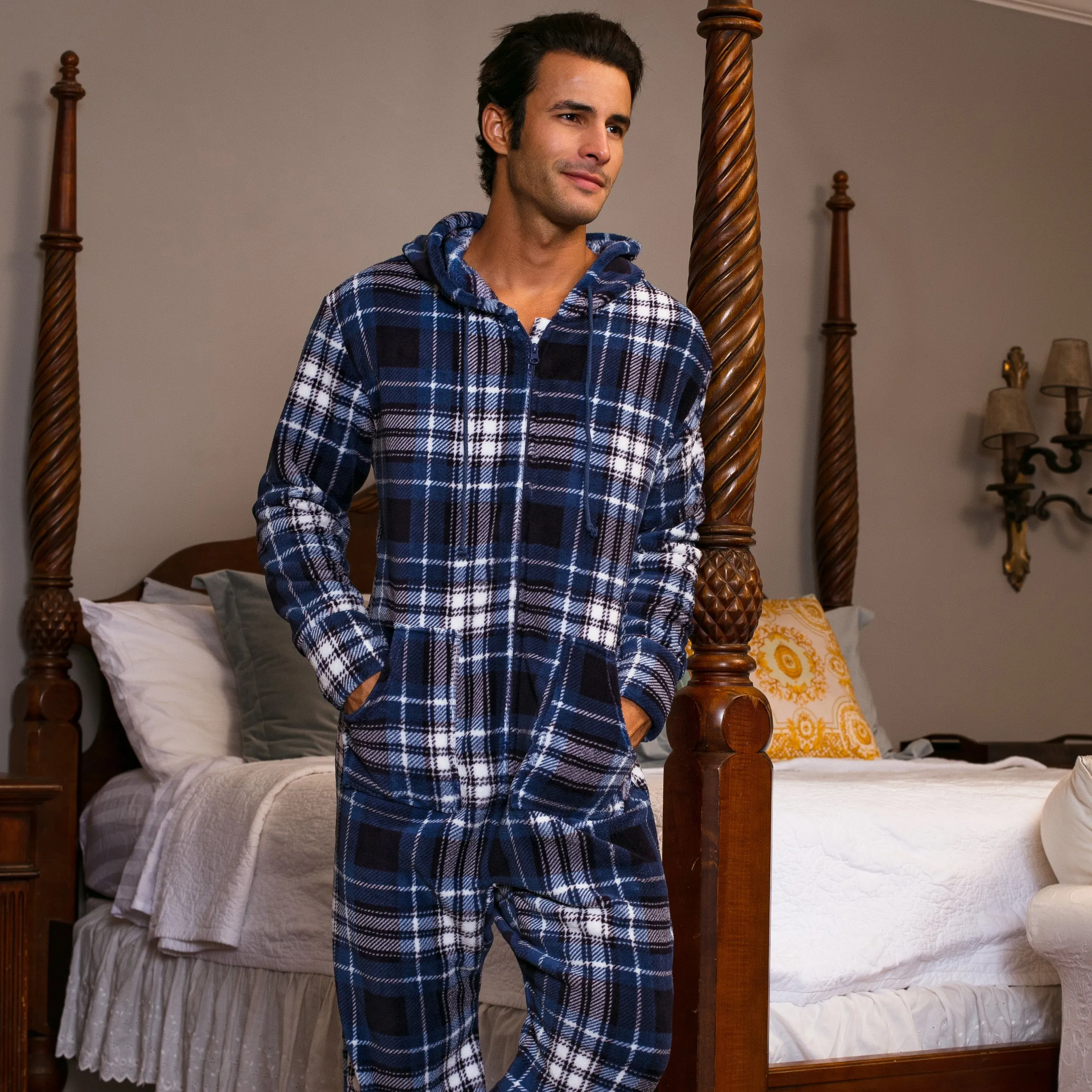 Men's Hooded Footed Adult Onesie Pajamas, Plush Winter PJs with Hood