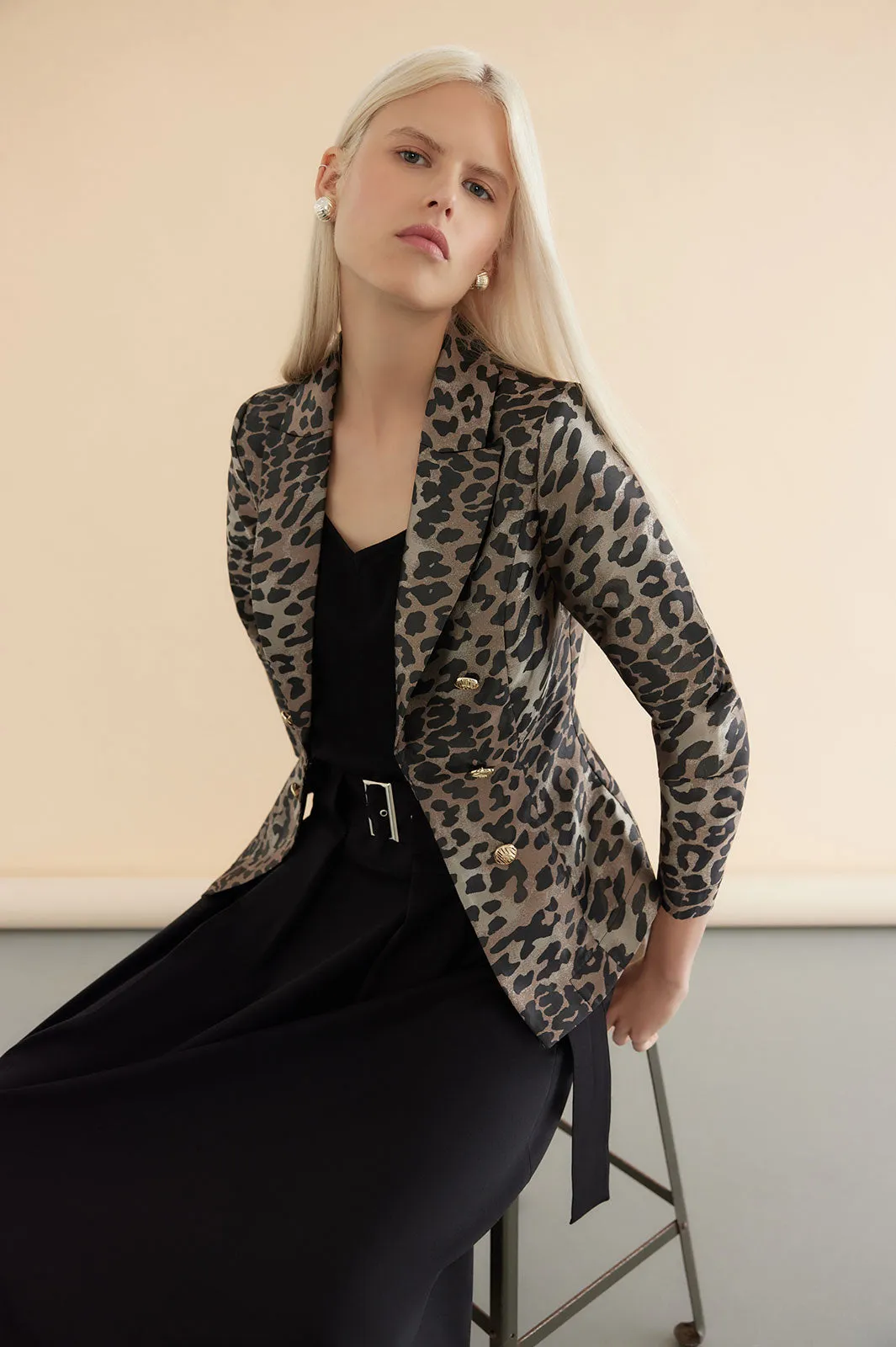 Modern Fit Faux Double Breasted Jacket - Leopard Print Woven