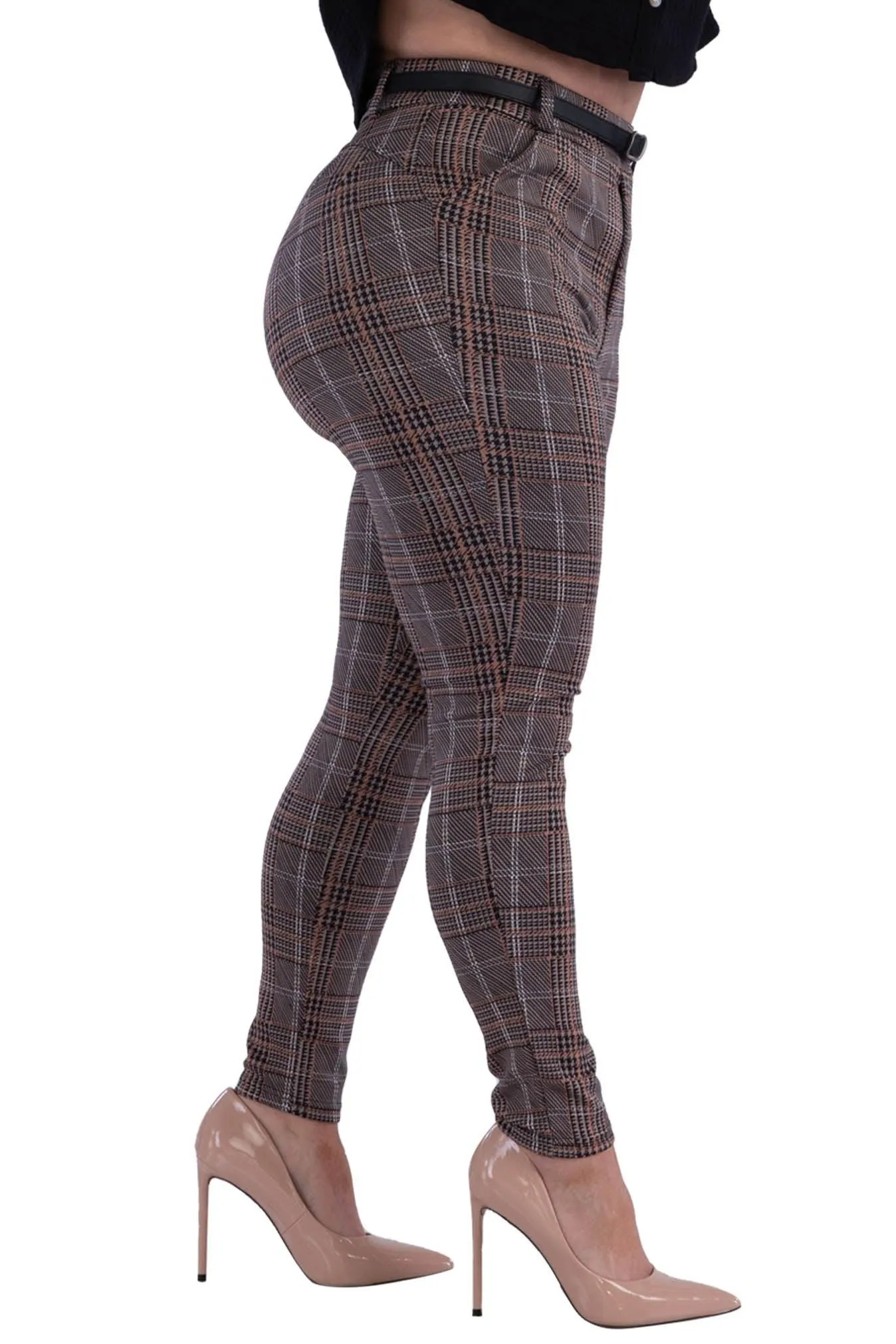 Plus Size Sculpting Treggings With Faux Leather Belt - Khaki & Black Plaid